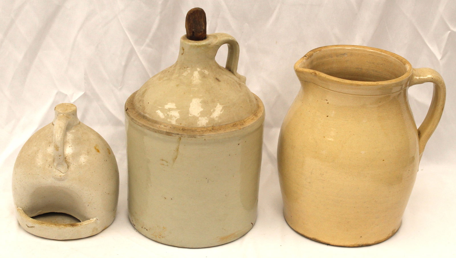Lot of 3 stoneware items incl chicken waterer "Overall The Park & Pollard Co Boston", jug & pitcher: Lot of 3 stoneware items incl chicken waterer "Overall The Park & Pollard Co Boston", jug & pitcher - 7"x9" & 11" tall