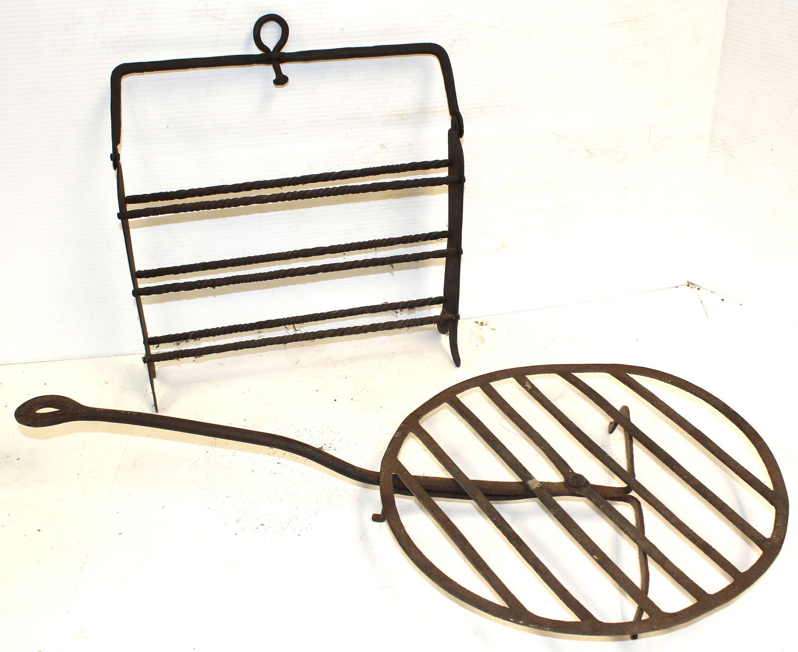 Lot of 2 wrought iron fireplace cooking implements incl rotating broiler & potato toaster: Lot of 2 wrought iron fireplace cooking implements incl rotating broiler & potato toaster
