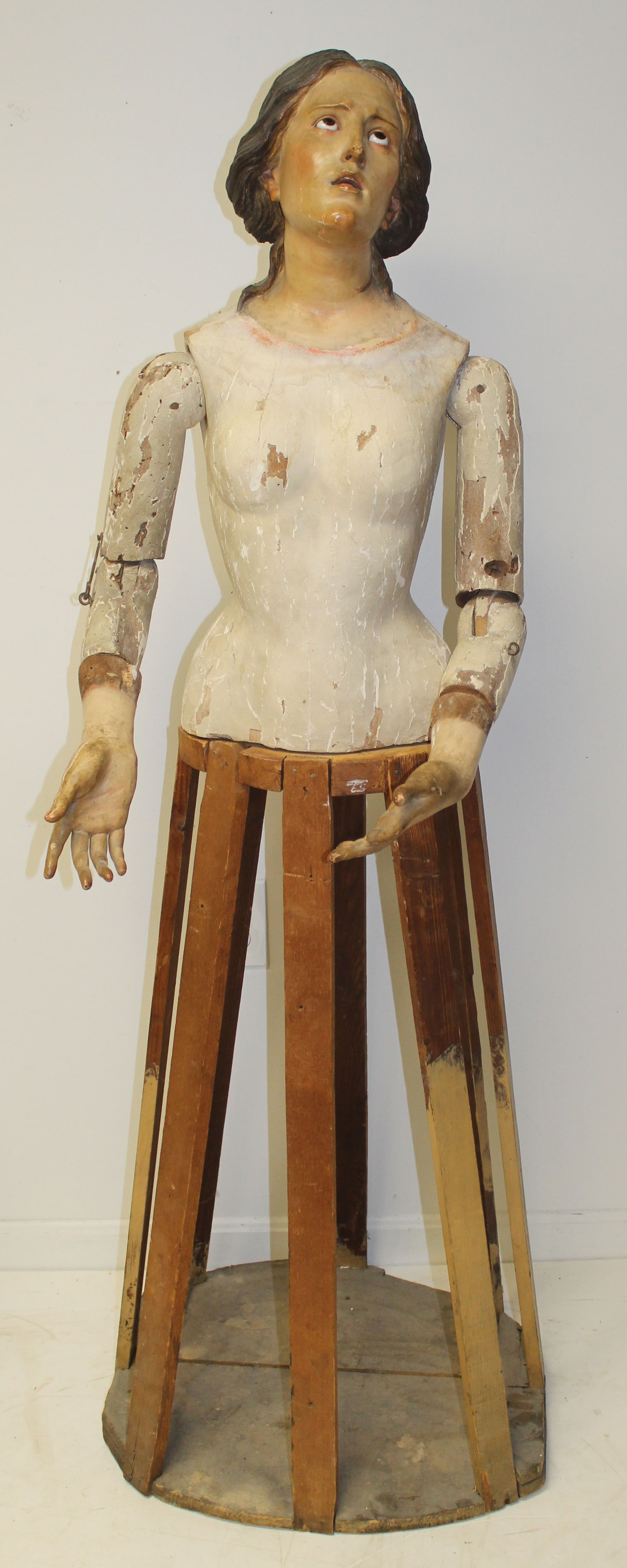 18thC European carved wood & painted cage doll Santos w glass eyes & articulated arms - base/cage is: 18thC European carved wood & painted cage doll Santos w glass eyes & articulated arms - base/cage is early 19thC - 53" tall x 21" at widest