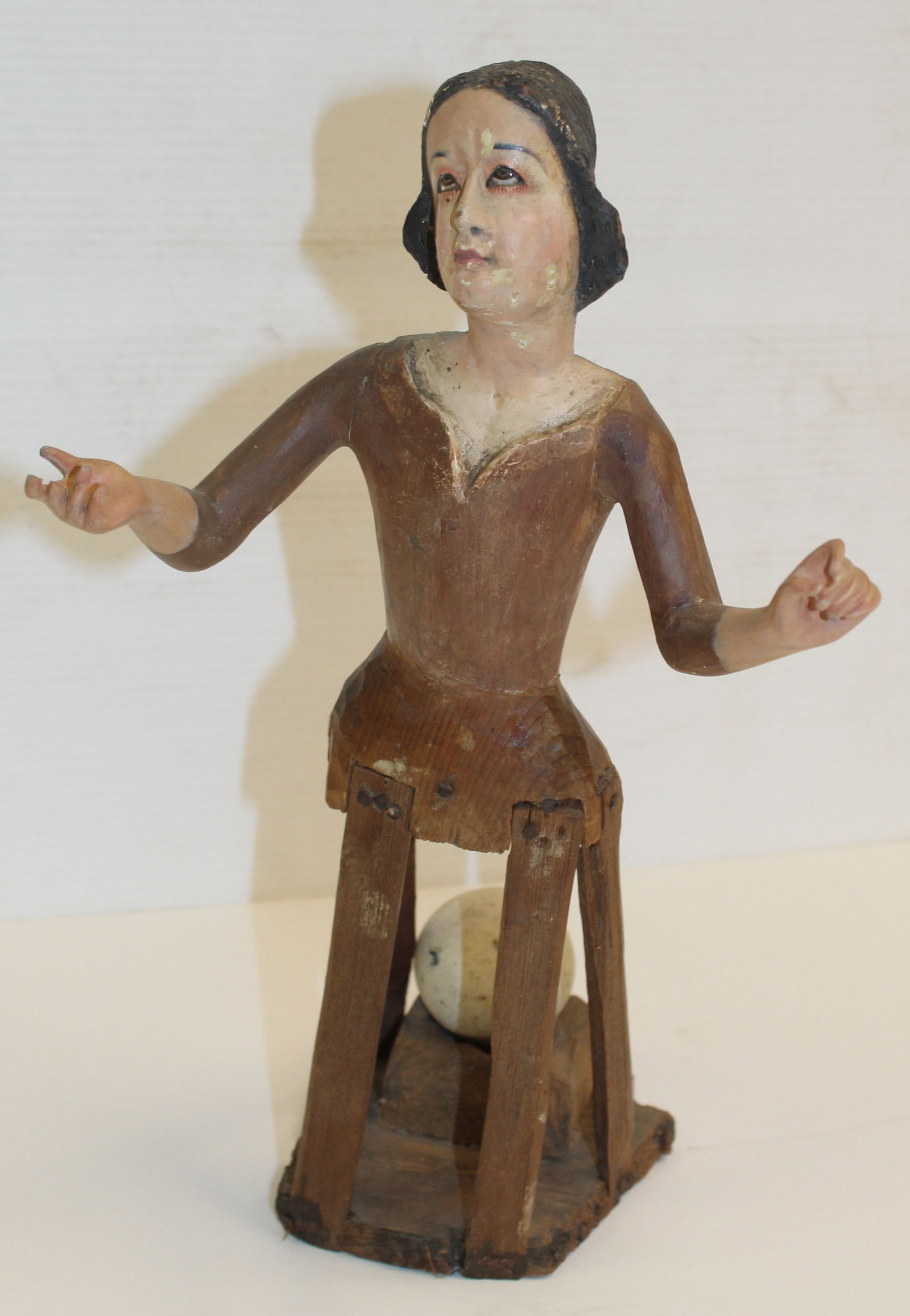 early 19thC European carved wood and painted small kneeling cage doll Santos w glass eyes - 13 1/2": early 19thC European carved wood and painted small kneeling cage doll Santos w glass eyes - 13 1/2" tall