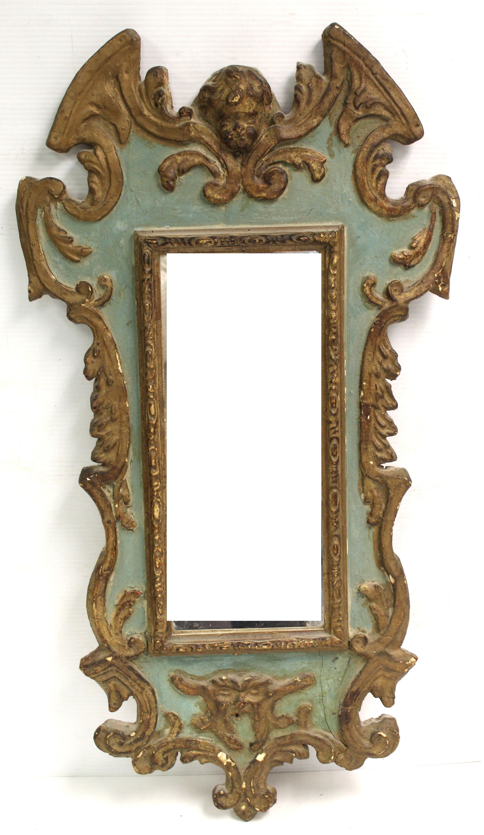 19thC carved wood & gesso painted mirror w cherub crest - fragment from a carousel -: 19thC carved wood & gesso painted mirror w cherub crest - fragment from a carousel - 32”x17”