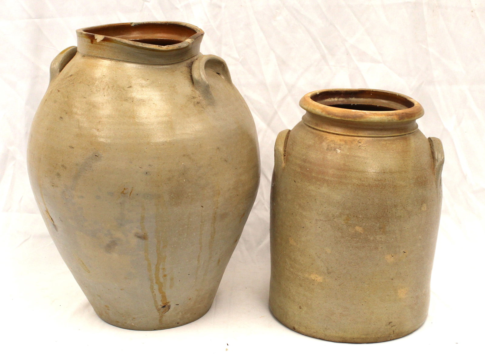 Lot of 2 stoneware jars incl large ovoid - 12" & 15 1/2" tall: Lot of 2 stoneware jars incl large ovoid - 12" & 15 1/2" tall