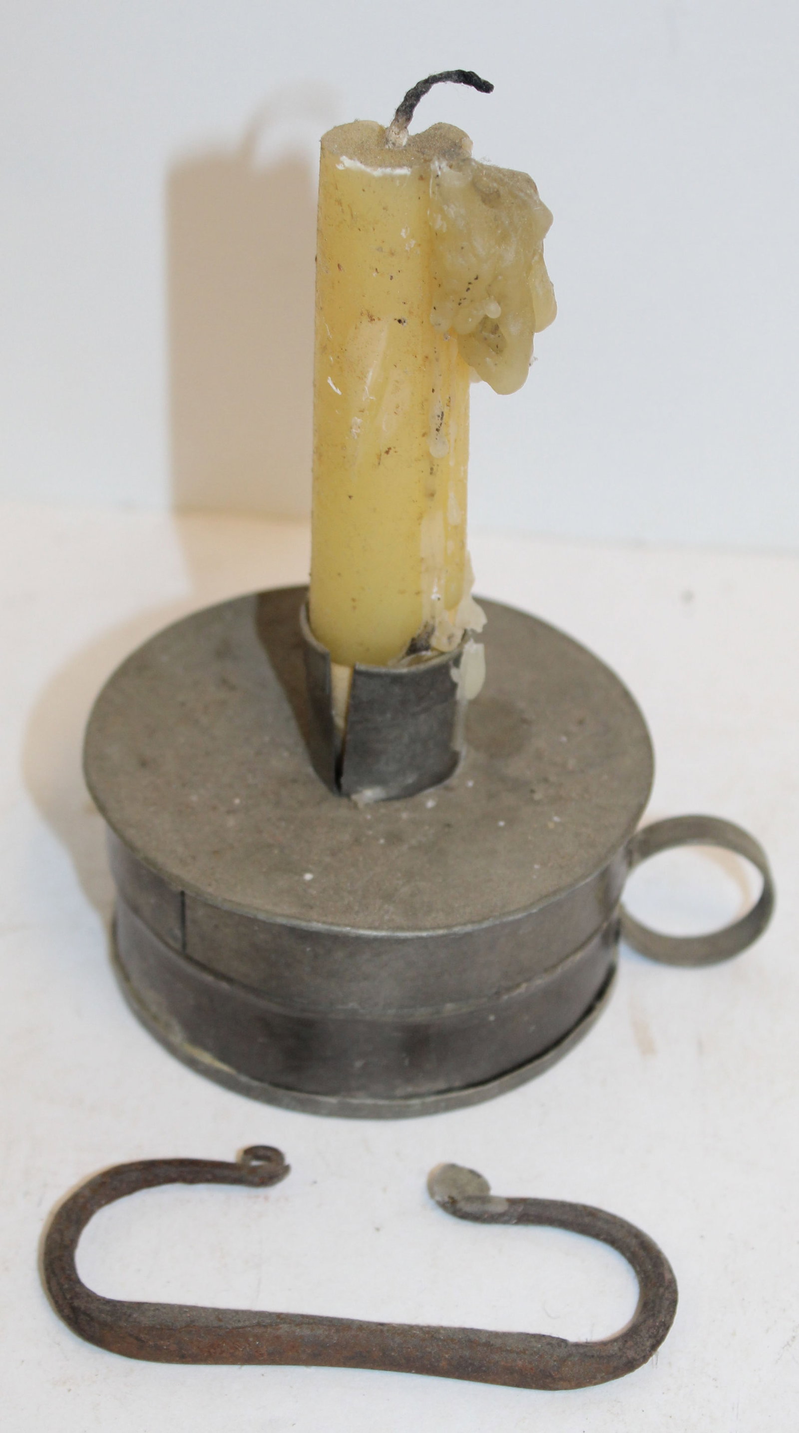 Antique tin candle holder/tinder box w contents - 2 3/4" tall x 3" diam: Antique tin candle holder/tinder box w contents - 2 3/4" tall x 3" diam
