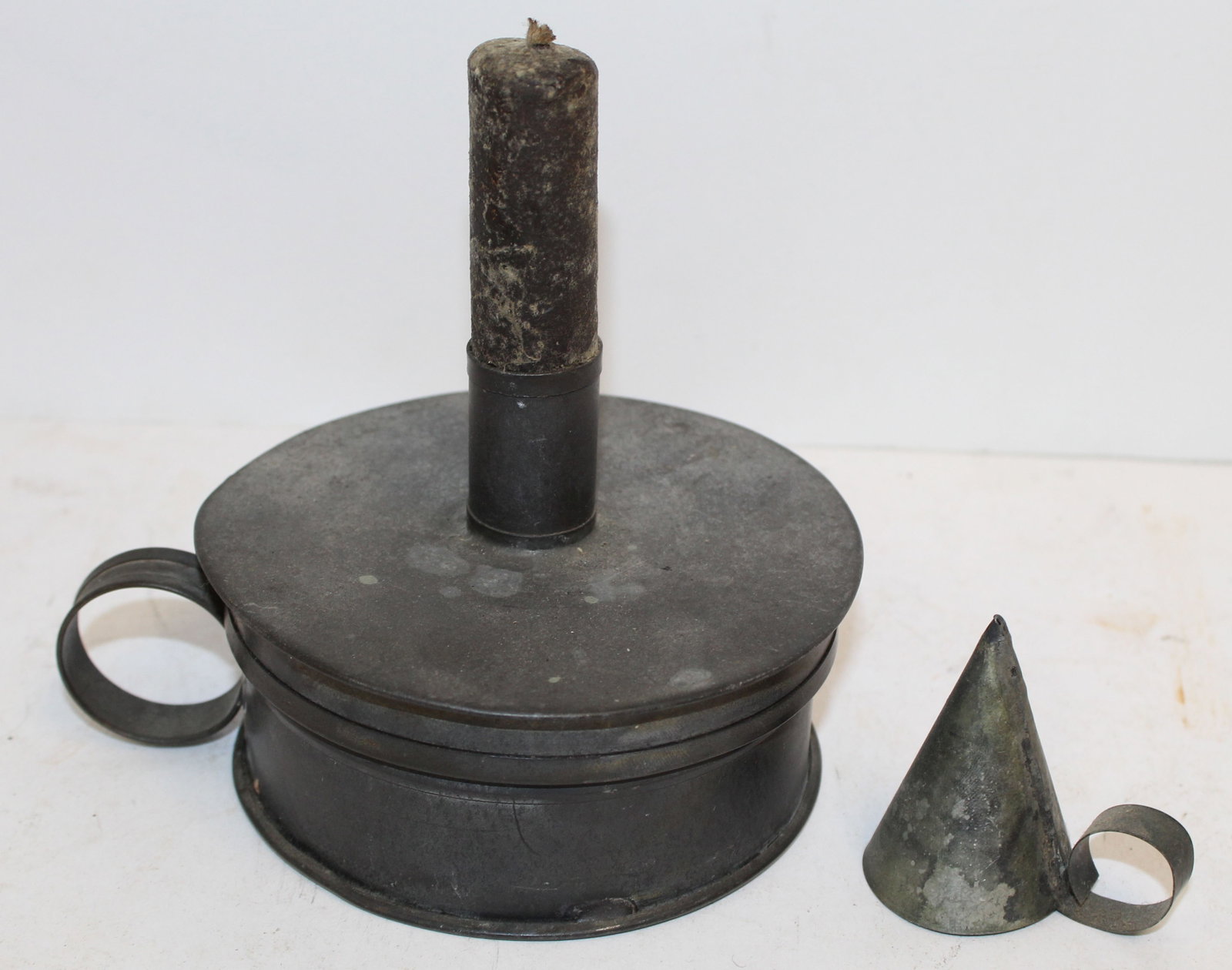 Antique tin candle holder/tinder box w contents & witch's hat - 4 1/2" tall x 4 1/2" diam: Antique tin candle holder/tinder box w contents & witch's hat - 4 1/2" tall x 4 1/2" diam