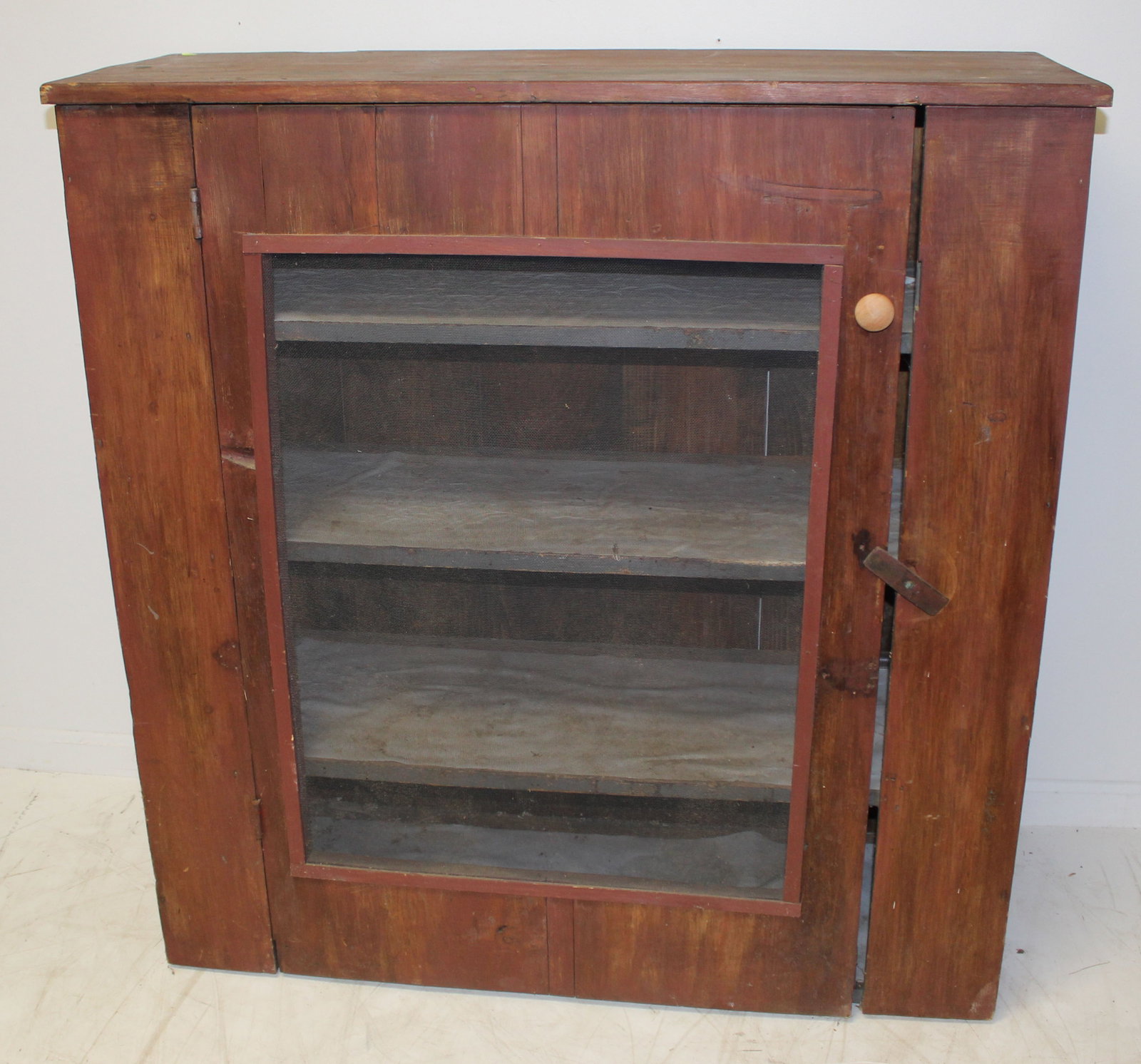 Antique pie safe in red w screen door - as found w repairs - 43" tall x 41 1/2" wide x 15 3/4" deep: Antique pie safe in red w screen door - as found w repairs - 43" tall x 41 1/2" wide x 15 3/4" deep