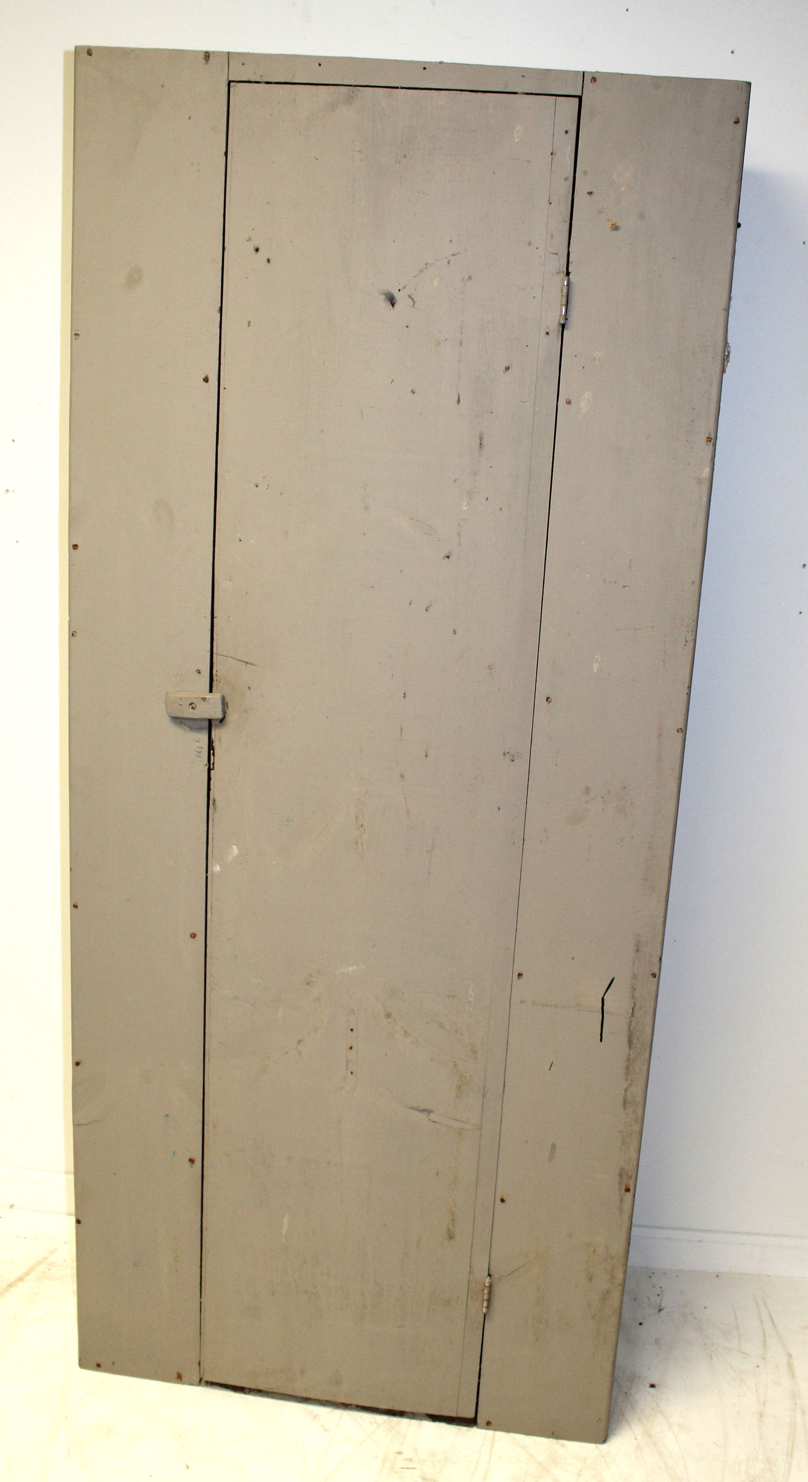 Antique 1 door cupboard in later gray paint w 4 shelf interior - 70" tall x 30" wide x 12" deep: Antique 1 door cupboard in later gray paint w 4 shelf interior - 70" tall x 30" wide x 12" deep