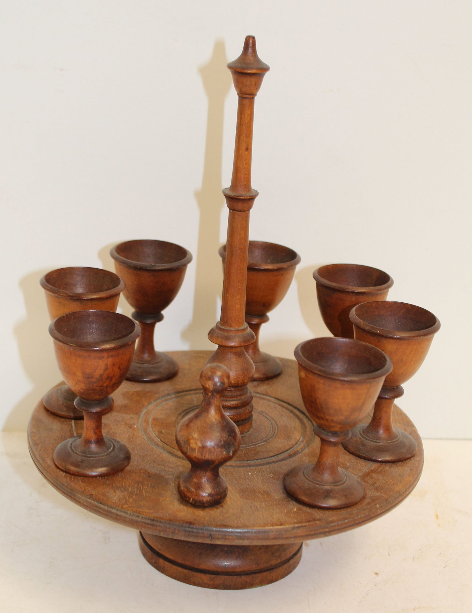 Antique treen egg cup cruet set/holder - approx 11" tall x 8" diam: Antique treen egg cup cruet set/holder - approx 11" tall x 8" diam