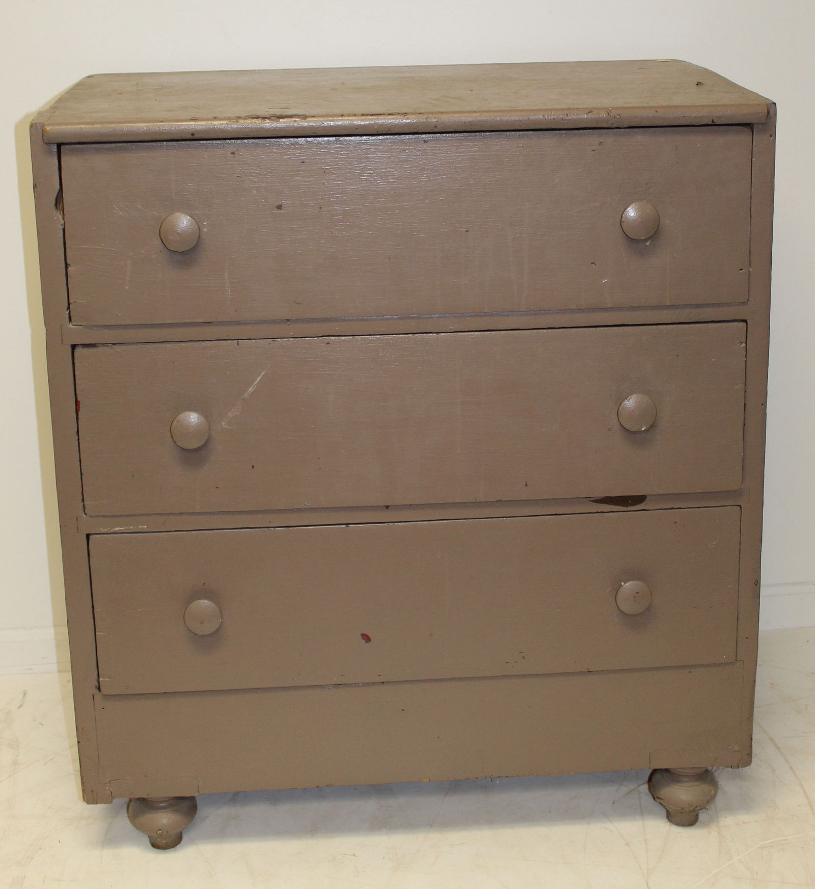 Antique cottage pine 3 drawer chest in later gray paint on bun feet - as found w replaced back &: Antique cottage pine 3 drawer chest in later gray paint on bun feet - as found w replaced back & feet - 36" tall x 32" wide x 17 1/2" deep