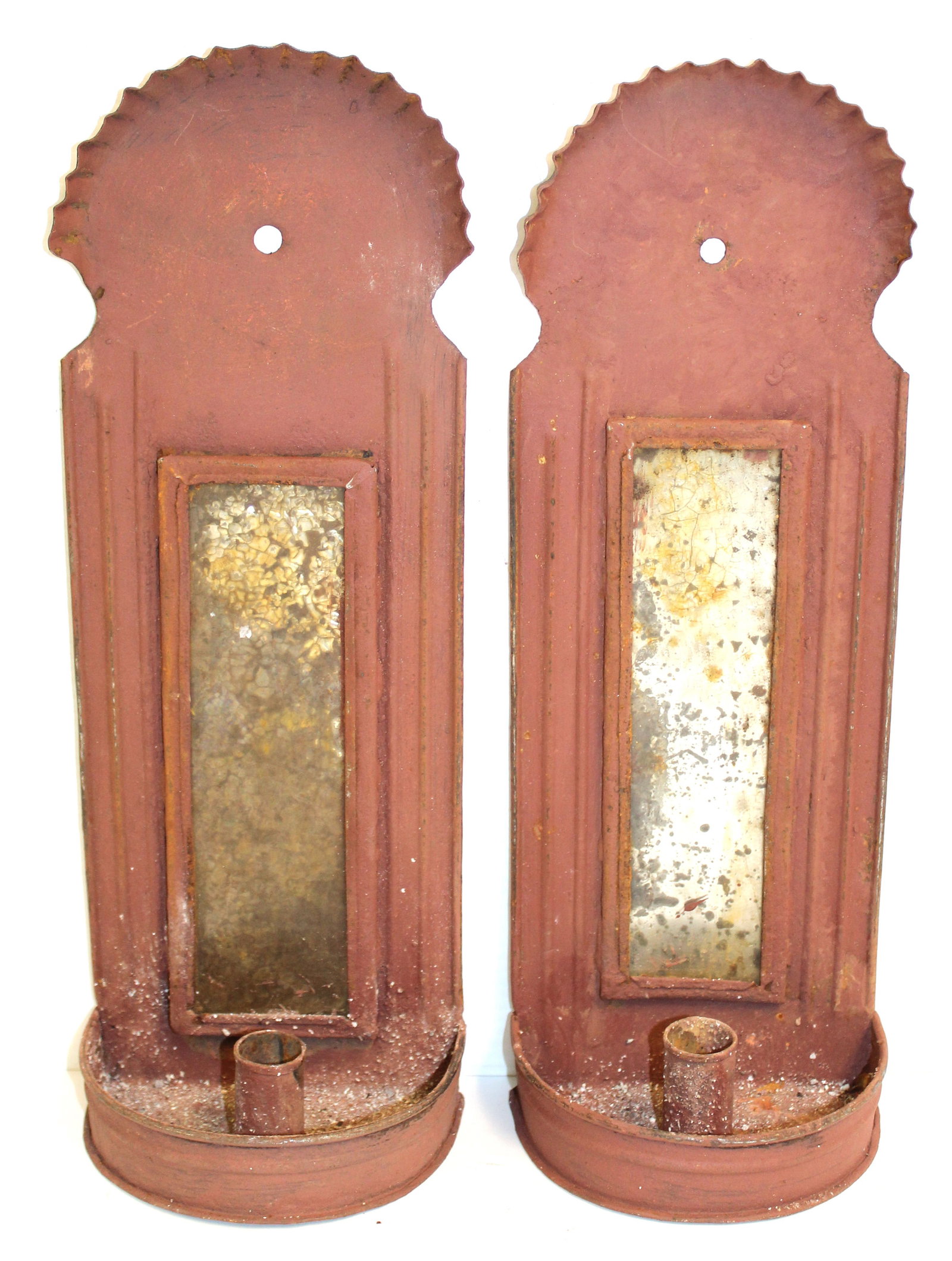 pr of tin candle wall sconces w mirror backs & crimped tops in red paint - weighted bottoms - 14": pr of tin candle wall sconces w mirror backs & crimped tops in red paint - weighted bottoms - 14" tall