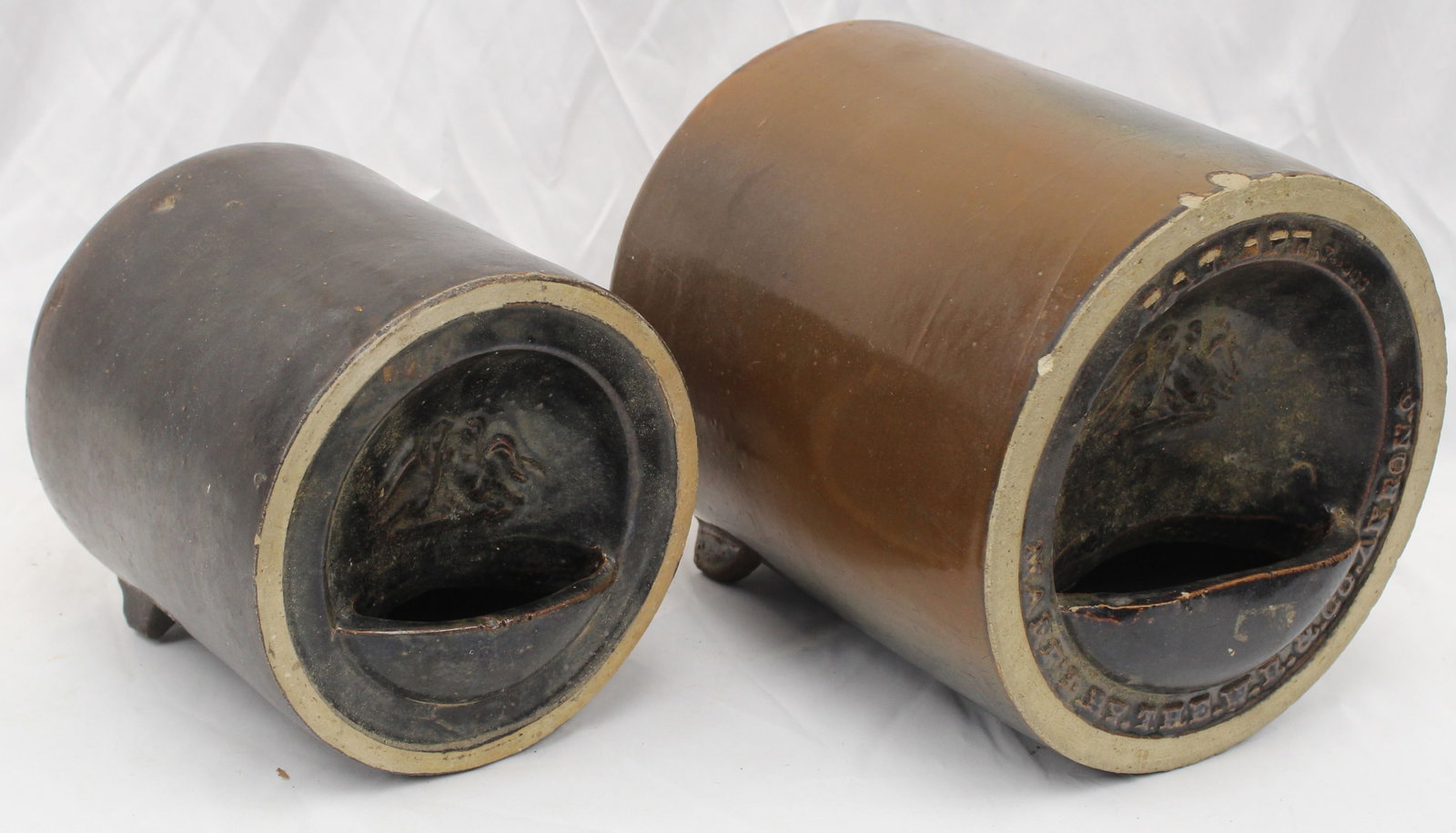 Lot of 2 stoneware chicken feeders - Mfd by The W.R. & Co Akron, OH - 9 1/2"x9" diam & 7 1/2"x7: Lot of 2 stoneware chicken feeders - Mfd by The W.R. & Co Akron, OH - 9 1/2"x9" diam & 7 1/2"x7 1/2" diam