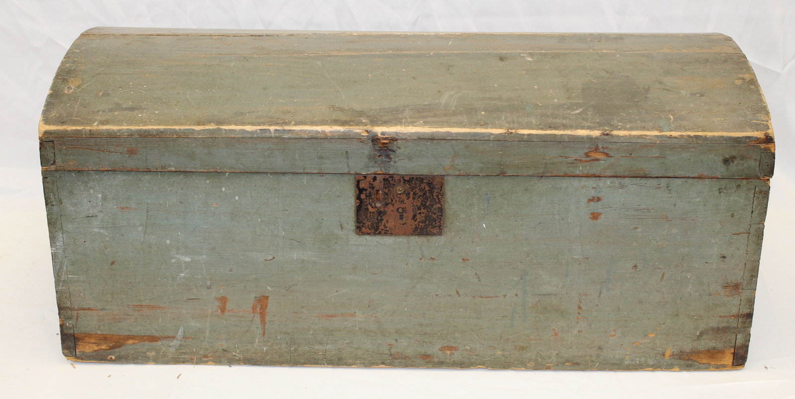 Antique dometop blanket box w iron handles in green paint - 12 1/2" tall x 29" wide x 13 1/2" deep: Antique dometop blanket box w iron handles in green paint - 12 1/2" tall x 29" wide x 13 1/2" deep