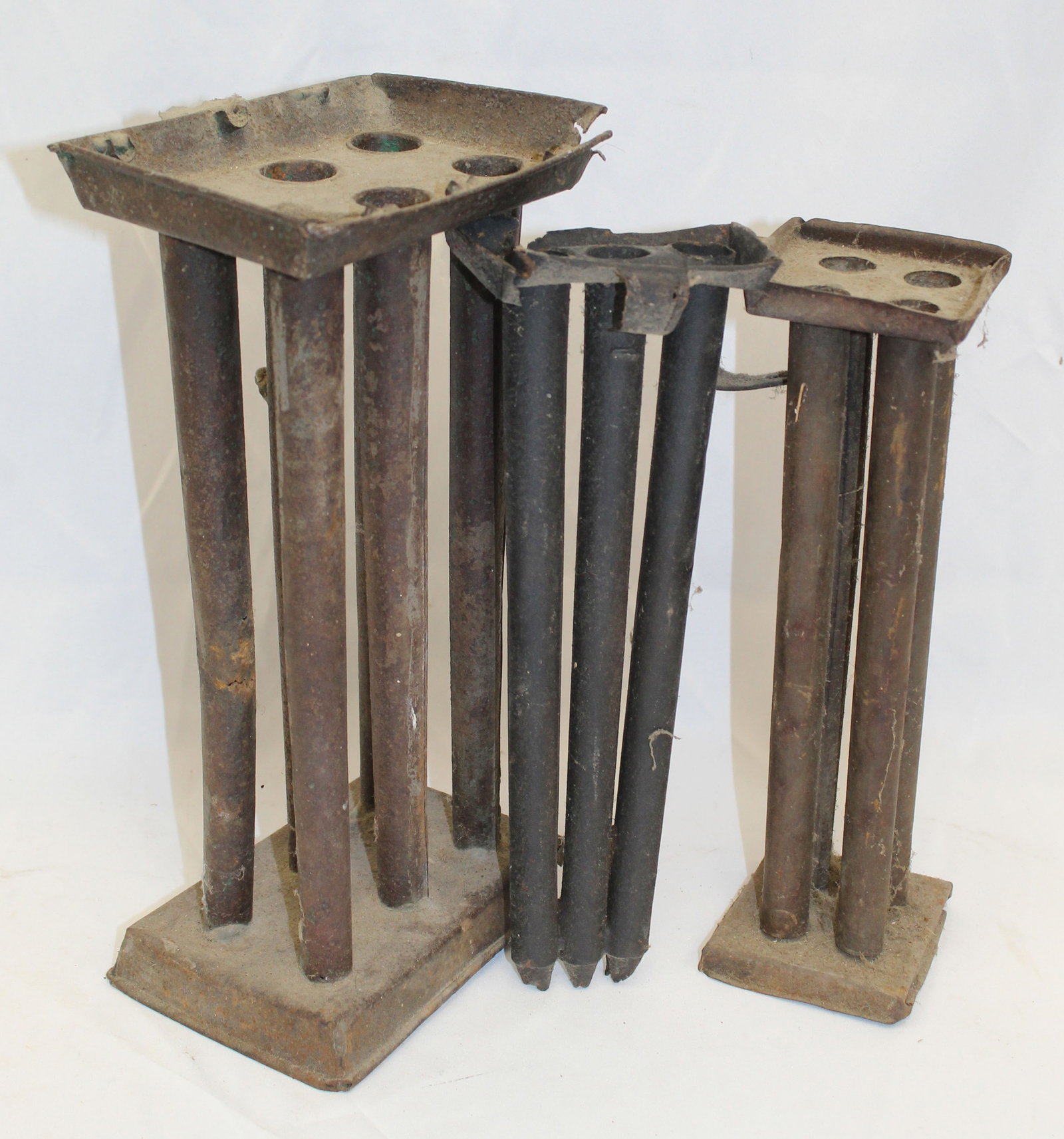 Lot of 3 tin candle molds - 6, 4 & 3 hole - 10" & 11" tall: Lot of 3 tin candle molds - 6, 4 & 3 hole - 10" & 11" tall