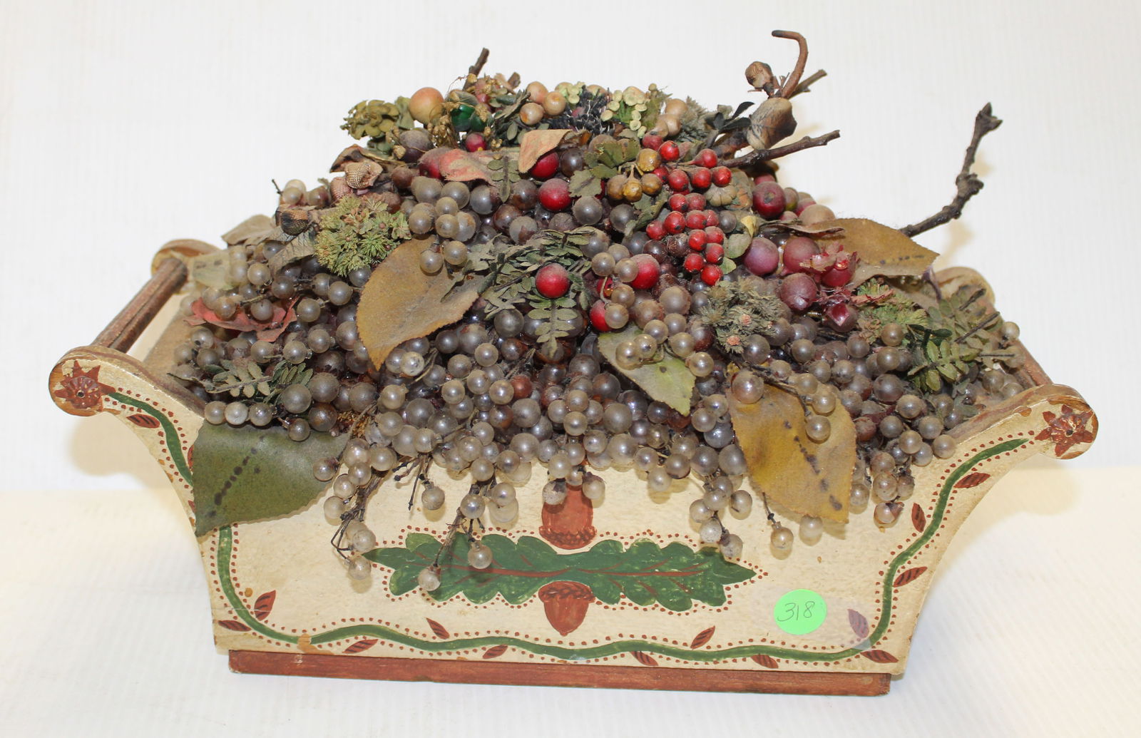 Doris Stauble folk art arrangement with berries, leaves, etc in paint decorated box - 8 1/2" tall x: Doris Stauble folk art arrangement with berries, leaves, etc in paint decorated box - 8 1/2" tall x 14" wide x 6" deep