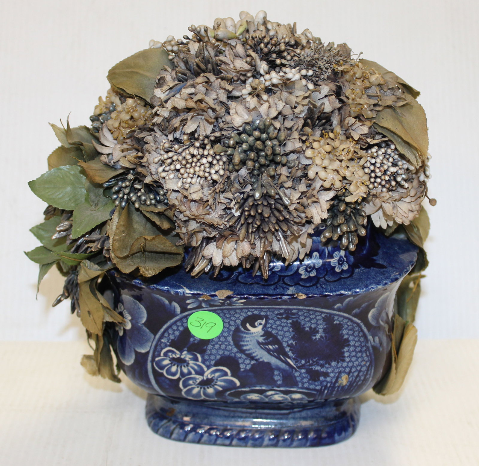 Doris Stauble folk art arrangement w flowers, berries & leaves in blue & white transferware tureen -: Doris Stauble folk art arrangement w flowers, berries & leaves in blue & white transferware tureen - 9 1/2" tall x 8" wide
