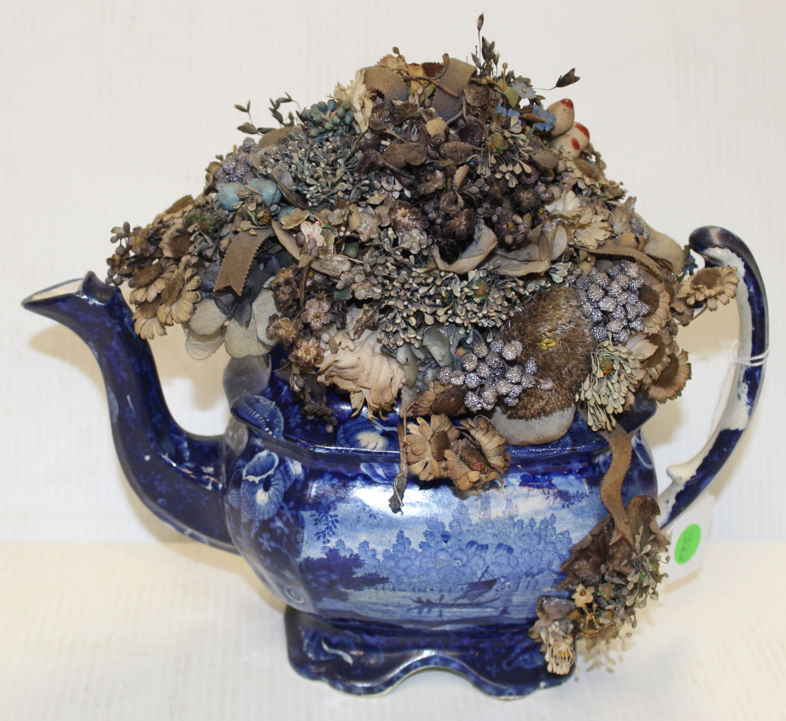 Doris Stauble folk art arrangement w flowers & berries in Flow Blue teapot - 10" tall x 11" wide: Doris Stauble folk art arrangement w flowers & berries in Flow Blue teapot - 10" tall x 11" wide