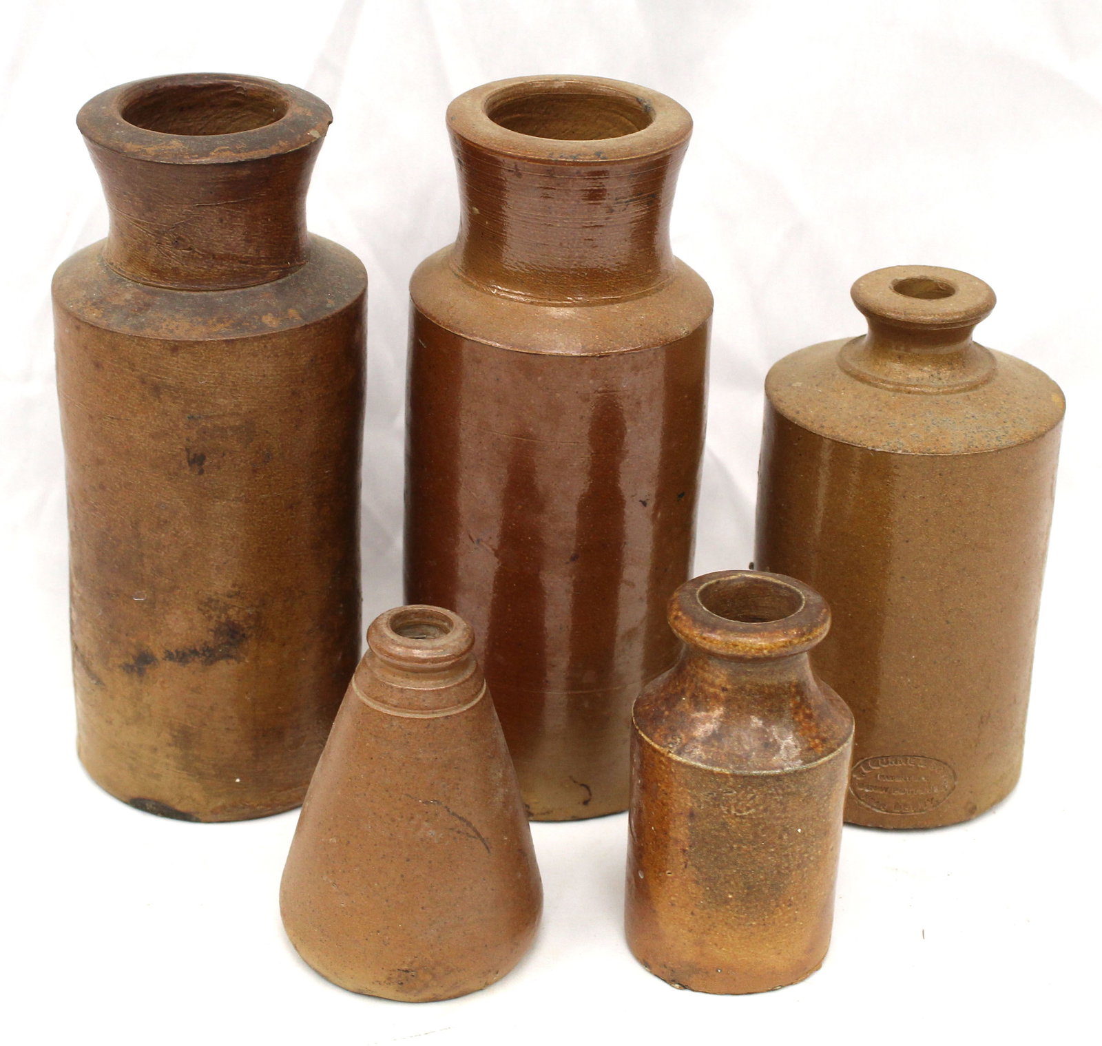 Lot of 5 stoneware ink bottles - 3 1/2"-7 1/2" tall: Lot of 5 stoneware ink bottles - 3 1/2"-7 1/2" tall