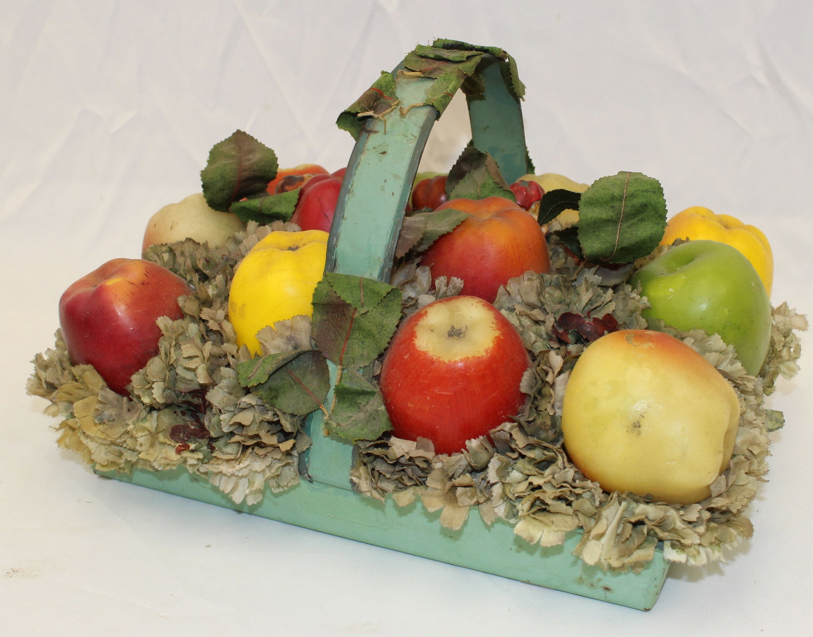Doris Stauble folk art arrangement w apples & flowers in green tin handled carrier - 9" tall x 12: Doris Stauble folk art arrangement w apples & flowers in green tin handled carrier - 9" tall x 12 1/2" wide x 9 1/2"