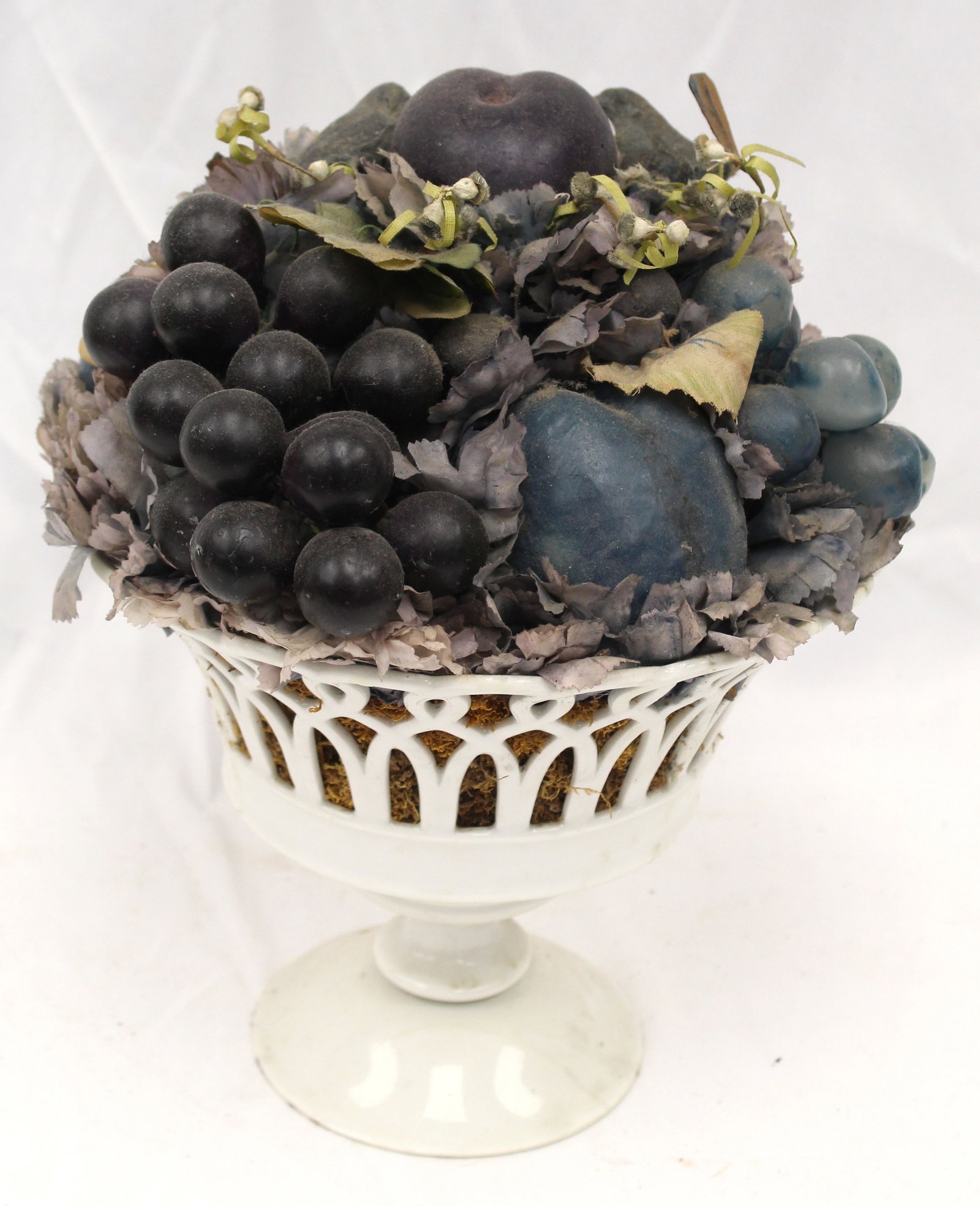 Doris Stauble folk art arrangement w birds & fruit in a white porcelain reticulated compote - 13": Doris Stauble folk art arrangement w birds & fruit in a white porcelain reticulated compote - 13" tall x 10" diam