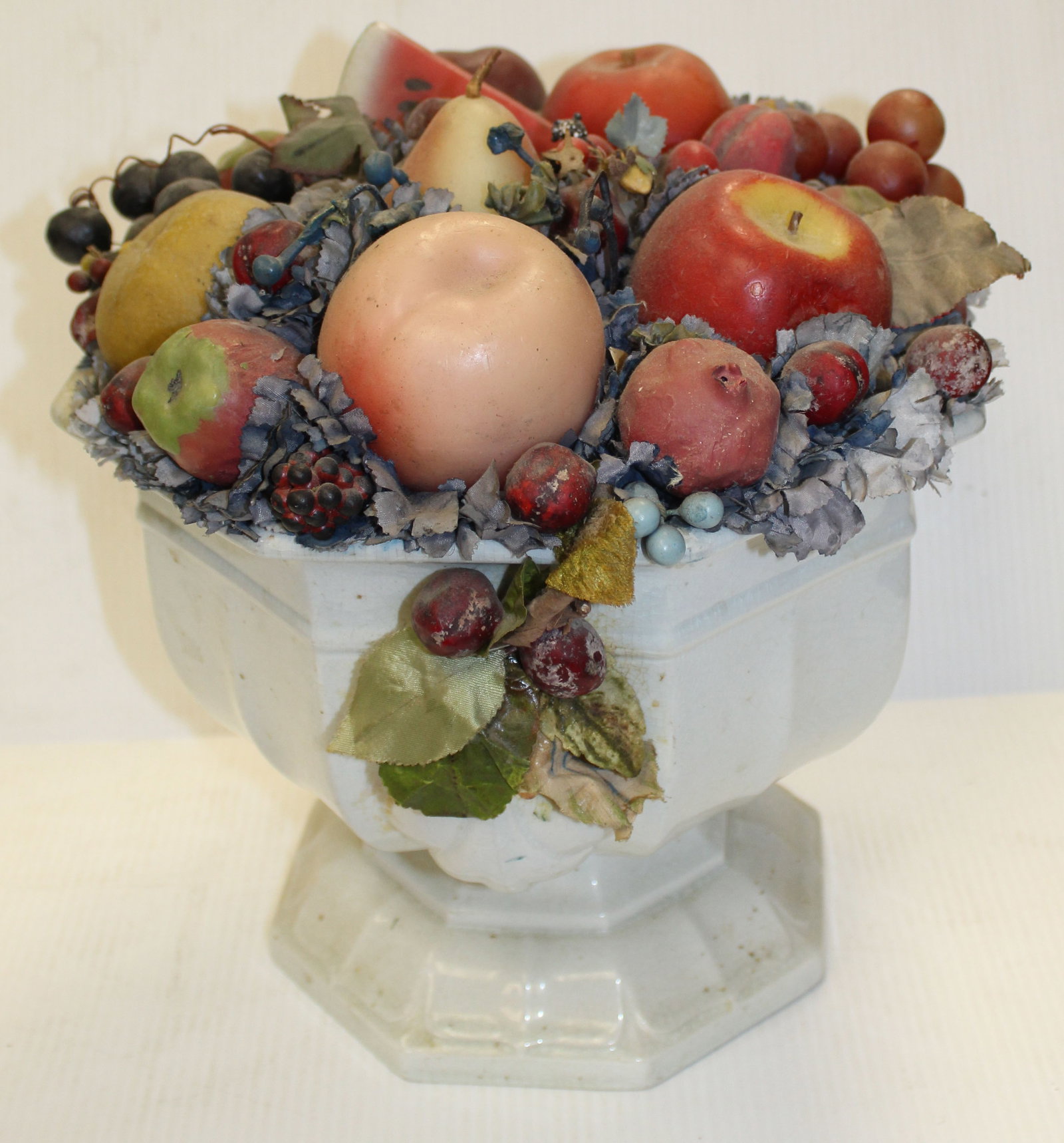 Doris Stauble folk art arrangement w fruits & flowers in white ironstone tureen - 13" tall x 12": Doris Stauble folk art arrangement w fruits & flowers in white ironstone tureen - 13" tall x 12" diam