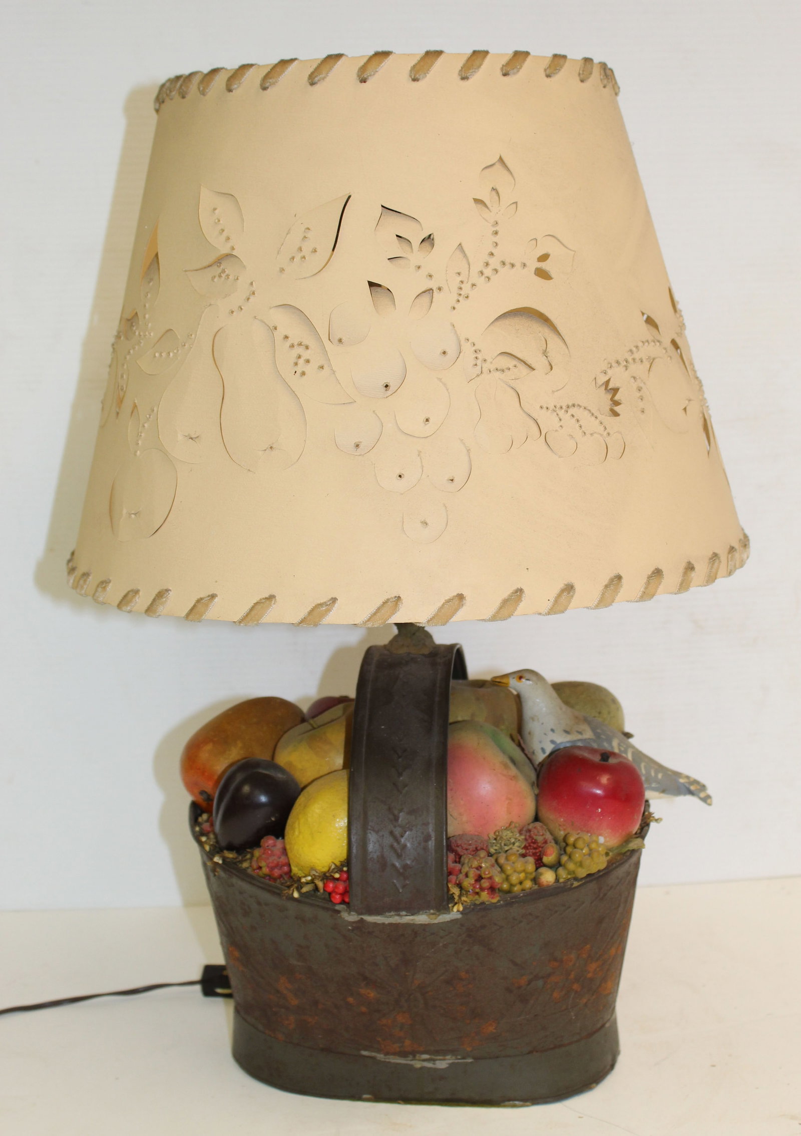 Folk Art arrangement table lamp of fruit & a bird in a toleware basket In the style of Doris Stauble: Folk Art arrangement table lamp of fruit & a bird in a toleware basket In the style of Doris Stauble - 21" tall x 10" wide - from the same collection as the Doris Stauble's and could be by her