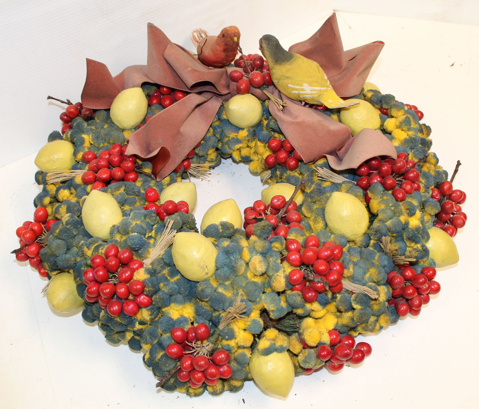 Folk Art wreath w lemons, pom poms, berries & birds in the style of Doris Stauble - from the same: Folk Art wreath w lemons, pom poms, berries & birds in the style of Doris Stauble - from the same collection as the Doris Stauble's and could be by her - 20" diam