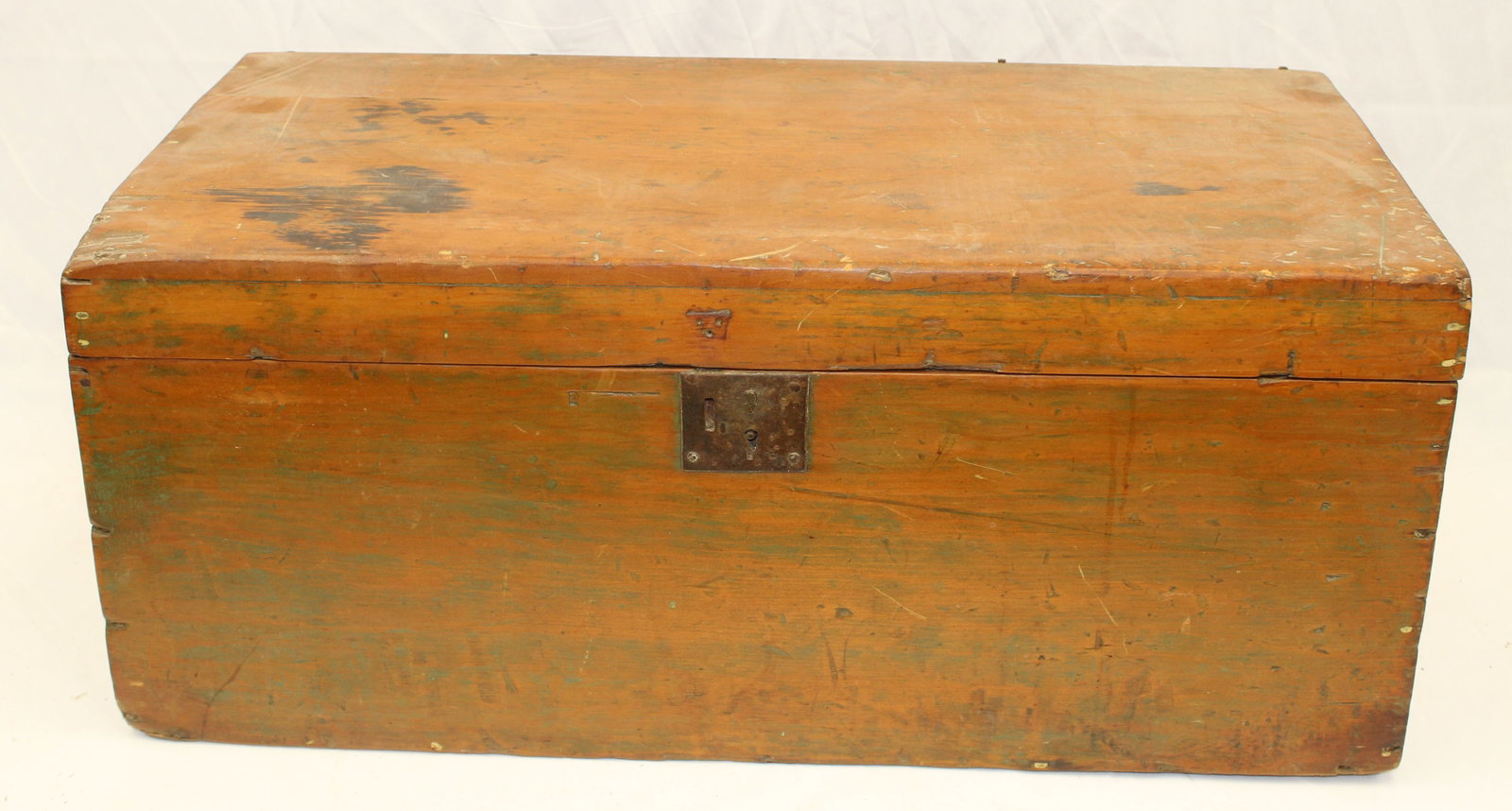 Antique flat top blanket box in traces of green paint - 12 1/2" tall x 30" wide x 15 1/2" deep: Antique flat top blanket box in traces of green paint - 12 1/2" tall x 30" wide x 15 1/2" deep