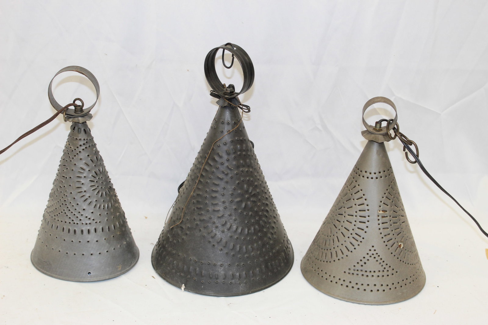 Lot of 3 antique style pierced tin witch's hat shaped electrified hanging lights - 12"-15" tall: Lot of 3 antique style pierced tin witch's hat shaped electrified hanging lights - 12"-15" tall