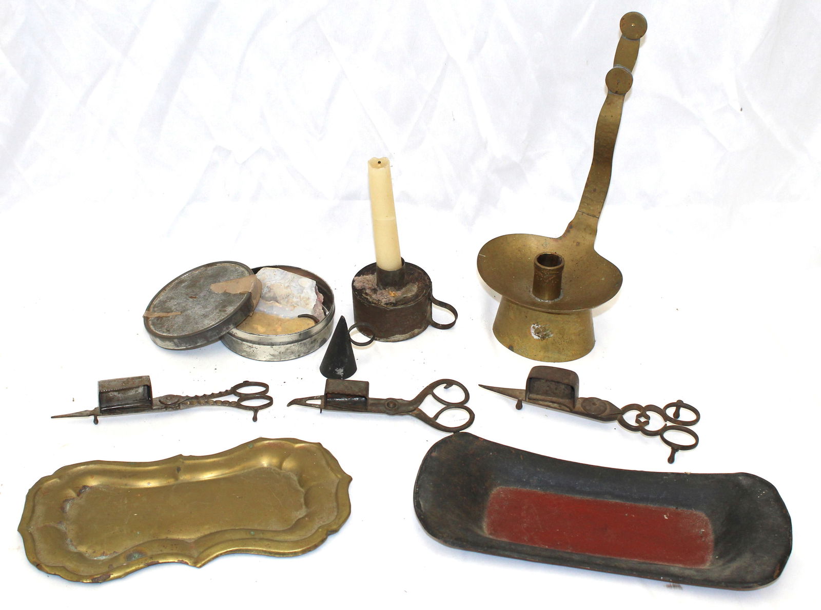 Antique lighting accessory lot incl tinder box, wick snippers, 11" brass candle holder & 2 candle: Antique lighting accessory lot incl tinder box, wick snippers, 11" brass candle holder & 2 candle trays in brass & tin
