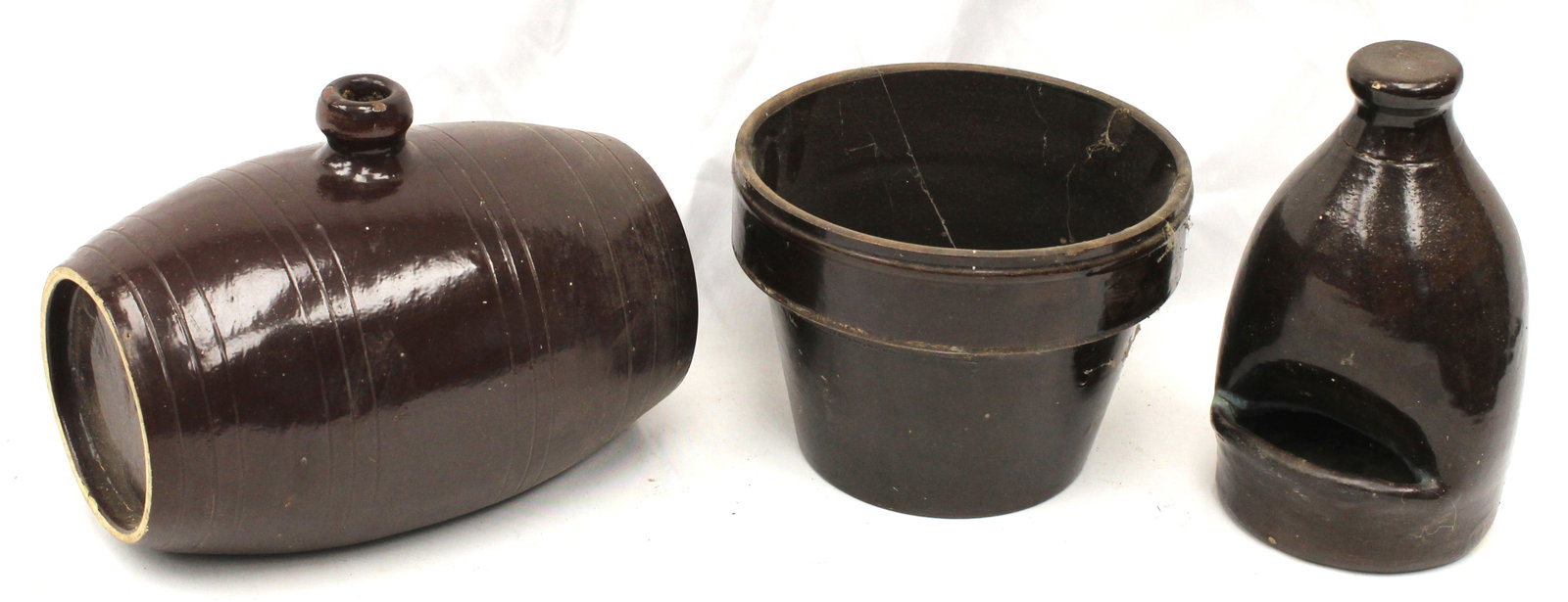 Lot of 3 stoneware items incl 5 1/2" tall flower pot, 11" footwarmer & a chicken waterer 8": Lot of 3 stoneware items incl 5 1/2" tall flower pot, 11" footwarmer & a chicken waterer 8"