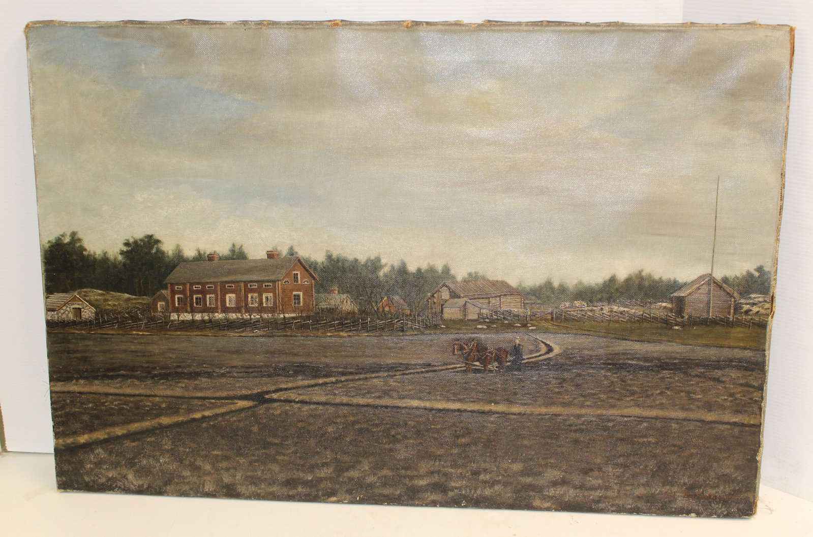 Antique o/c of a cranberry bog w buildings, sheep, orchards, etc - unframed - 24"x36": Antique o/c of a cranberry bog w buildings, sheep, orchards, etc - unframed - 24"x36"
