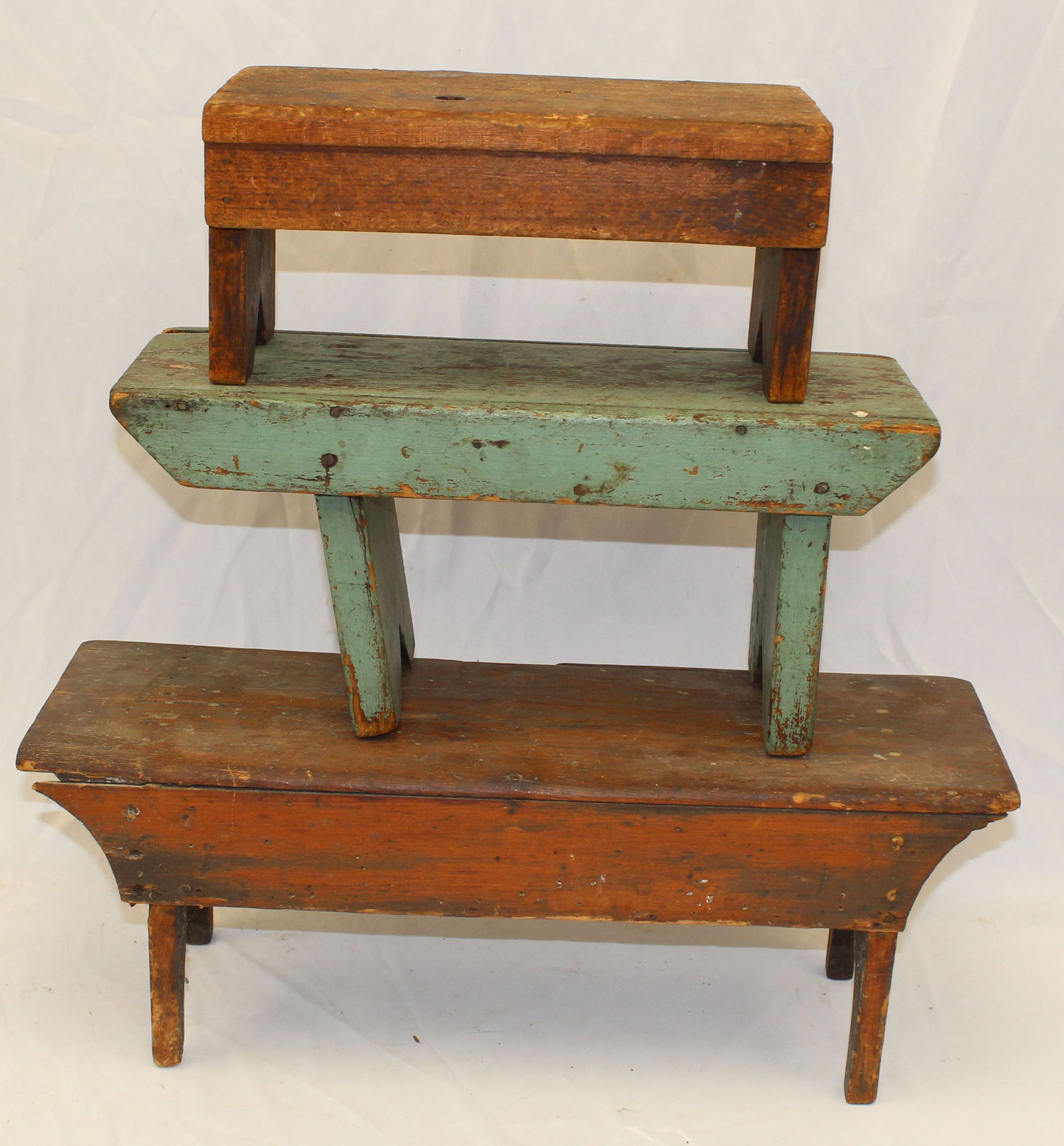 Lot of 3 antique wooden cricket/foot stools - 8"x21"x8 1/2" is largest; green is 7 1/2" tallx17": Lot of 3 antique wooden cricket/foot stools - 8"x21"x8 1/2" is largest; green is 7 1/2" tallx17" wide x7" deep & smallest is 6" tallx12 1/2" wide x 7" deep