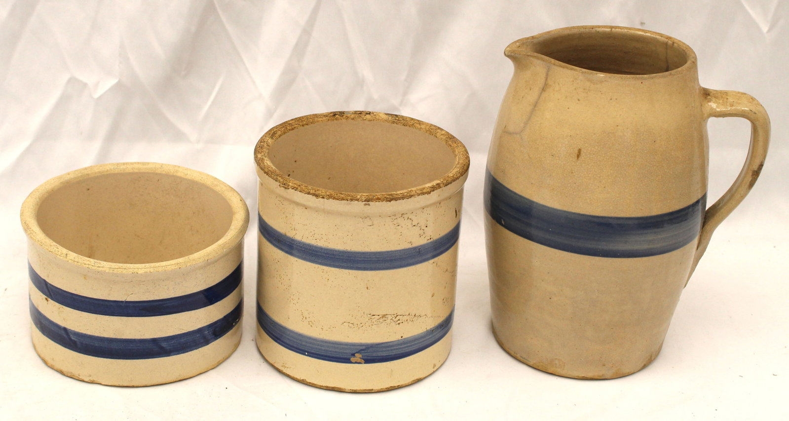 Lot of 3 Stoneware blue striped items incl pitcher & 2 crocks - 3 3/4", 6" & 9" tall: Lot of 3 Stoneware blue striped items incl pitcher & 2 crocks - 3 3/4", 6" & 9" tall