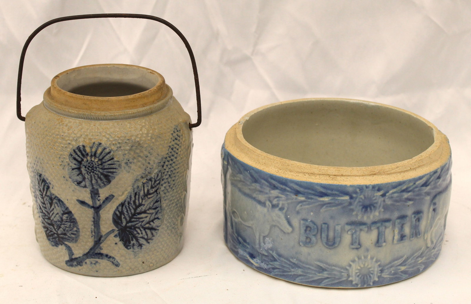 Lot of 2 salt glaze stoneware items incl butter crock (no lid) & a jar w bail handle -: Lot of 2 salt glaze stoneware items incl butter crock (no lid) & a jar w bail handle -