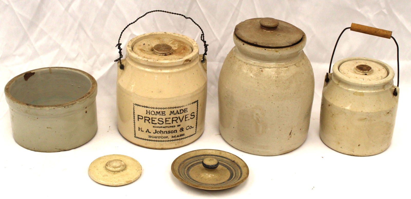 Lot of 6 stoneware items incl 2 canning jars w bail handles, a 7 1/2" jar w lid, 3 1/4" crock & 2: Lot of 6 stoneware items incl 2 canning jars w bail handles, a 7 1/2" jar w lid, 3 1/4" crock & 2 lids 3" & 5" diam
