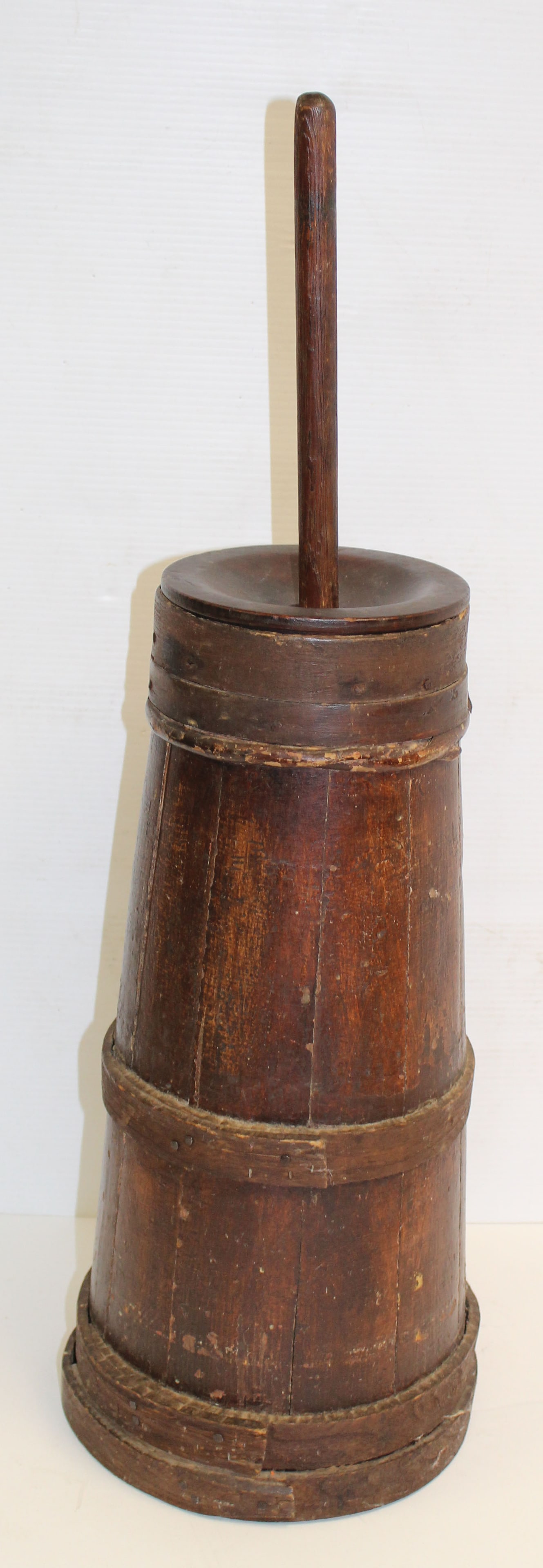 Antique finger lapped wooden painted butter churn - overall height 29" tall: Antique finger lapped wooden painted butter churn - overall height 29" tall