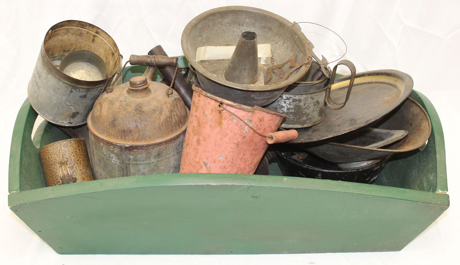 Dough box filled with antique misc tin - green painted dough box is antique style 29"x19": Dough box filled with antique misc tin - green painted dough box is antique style 29"x19"