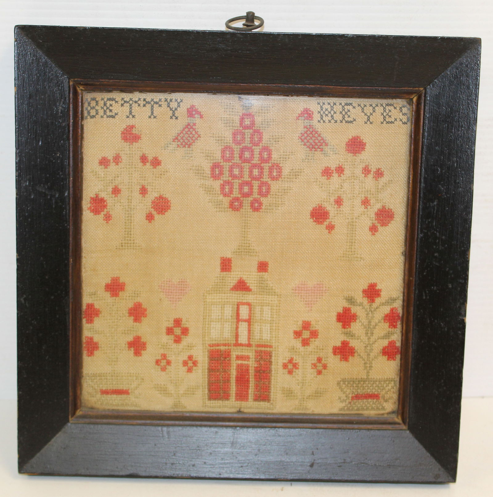 Antique sampler w birds & trees "Betty Keyes" - 11 1/4"x11 1/4: Antique sampler w birds & trees "Betty Keyes" - 11 1/4"x11 1/4