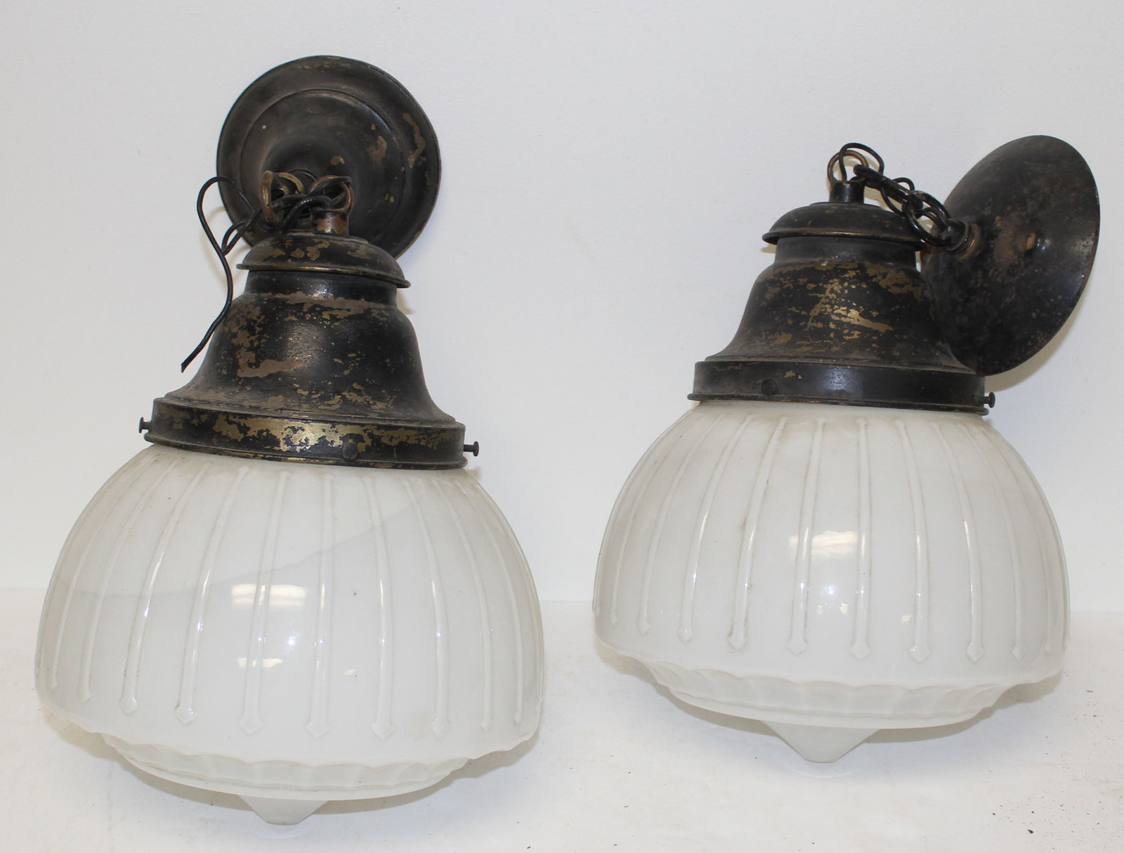 Pair of hanging/wall mounted light fixtures w white glass shades & irons mounts: Pair of hanging/wall mounted light fixtures w white glass shades & irons mounts