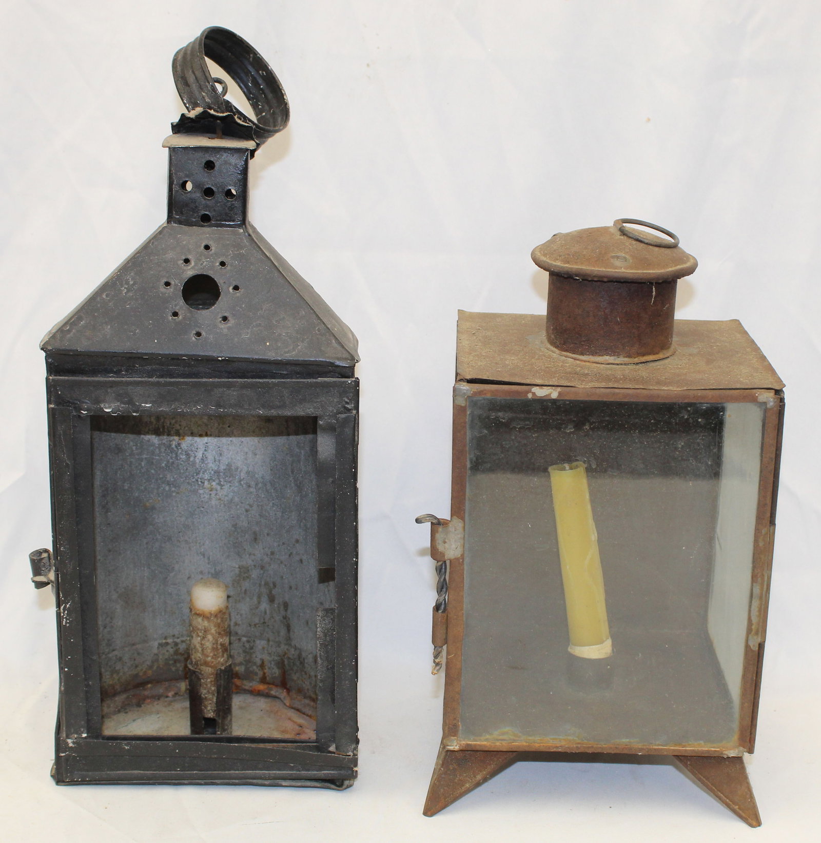 Lot of 2 antique tin & glass lanterns - 1 missing glass - 18" & 13" tall: Lot of 2 antique tin & glass lanterns - 1 missing glass - 18" & 13" tall