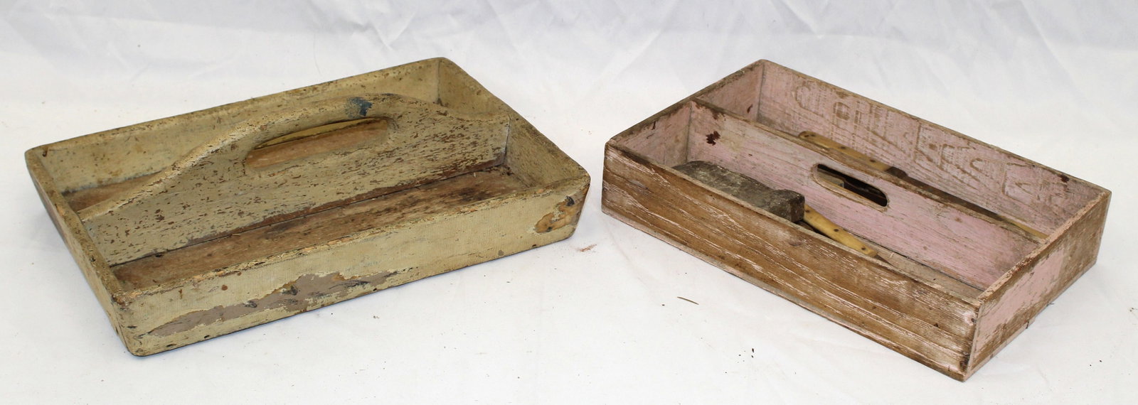 Lot of 2 antique wooden utensil carriers in pink & yellow paint - 1 w utensils - 3 1/2"x13"x9" & 2: Lot of 2 antique wooden utensil carriers in pink & yellow paint - 1 w utensils - 3 1/2"x13"x9" & 2 1/2"x12"x8"