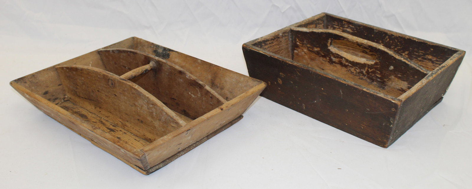 Lot of 2 antique wooden utensil carriers - 4"x14"x11" & 5"x12"x10 1/2: Lot of 2 antique wooden utensil carriers - 4"x14"x11" & 5"x12"x10 1/2