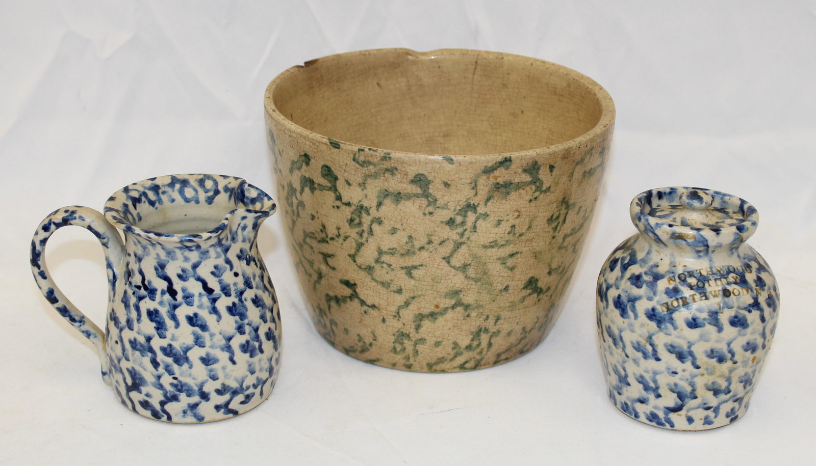 Lot of 3 pieces of spongeware - butter crock, creamer & jar marked Northwood Pottery, Northwood, NH: Lot of 3 pieces of spongeware - butter crock, creamer & jar marked Northwood Pottery, Northwood, NH