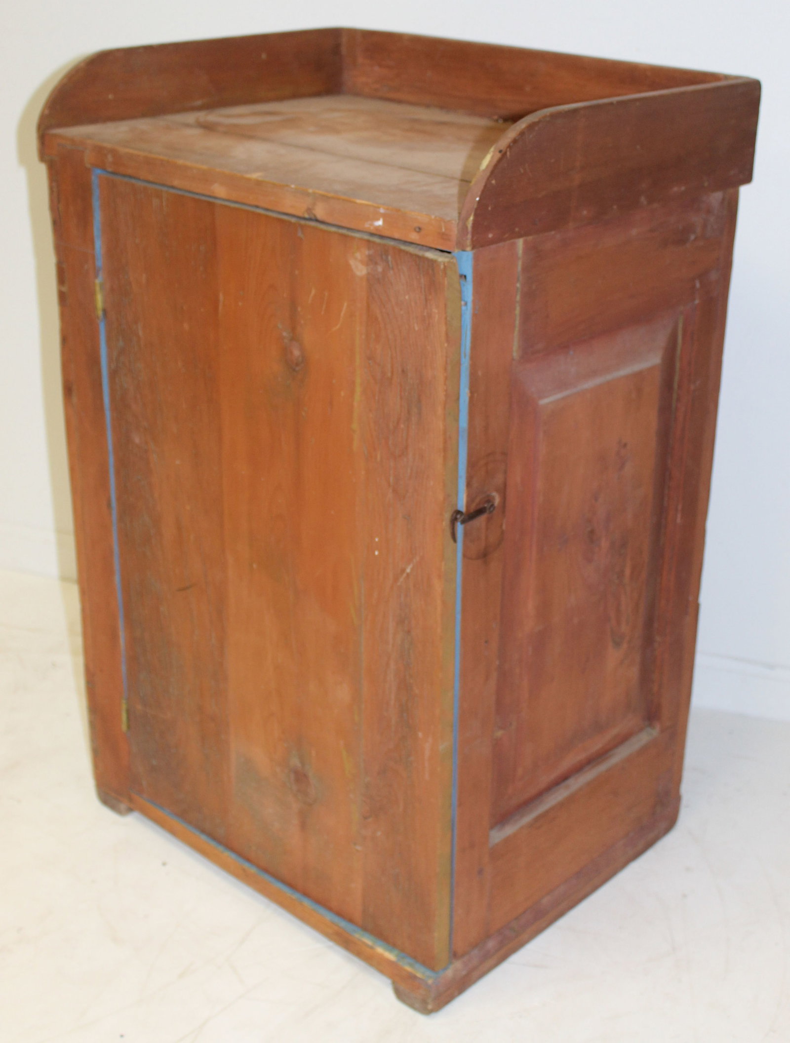 Antique small 1 door cupboard w gallery top & blue painted 1 shelf interior - 33" tall x 21 1/2": Antique small 1 door cupboard w gallery top & blue painted 1 shelf interior - 33" tall x 21 1/2" wide x 17 1/4" deep