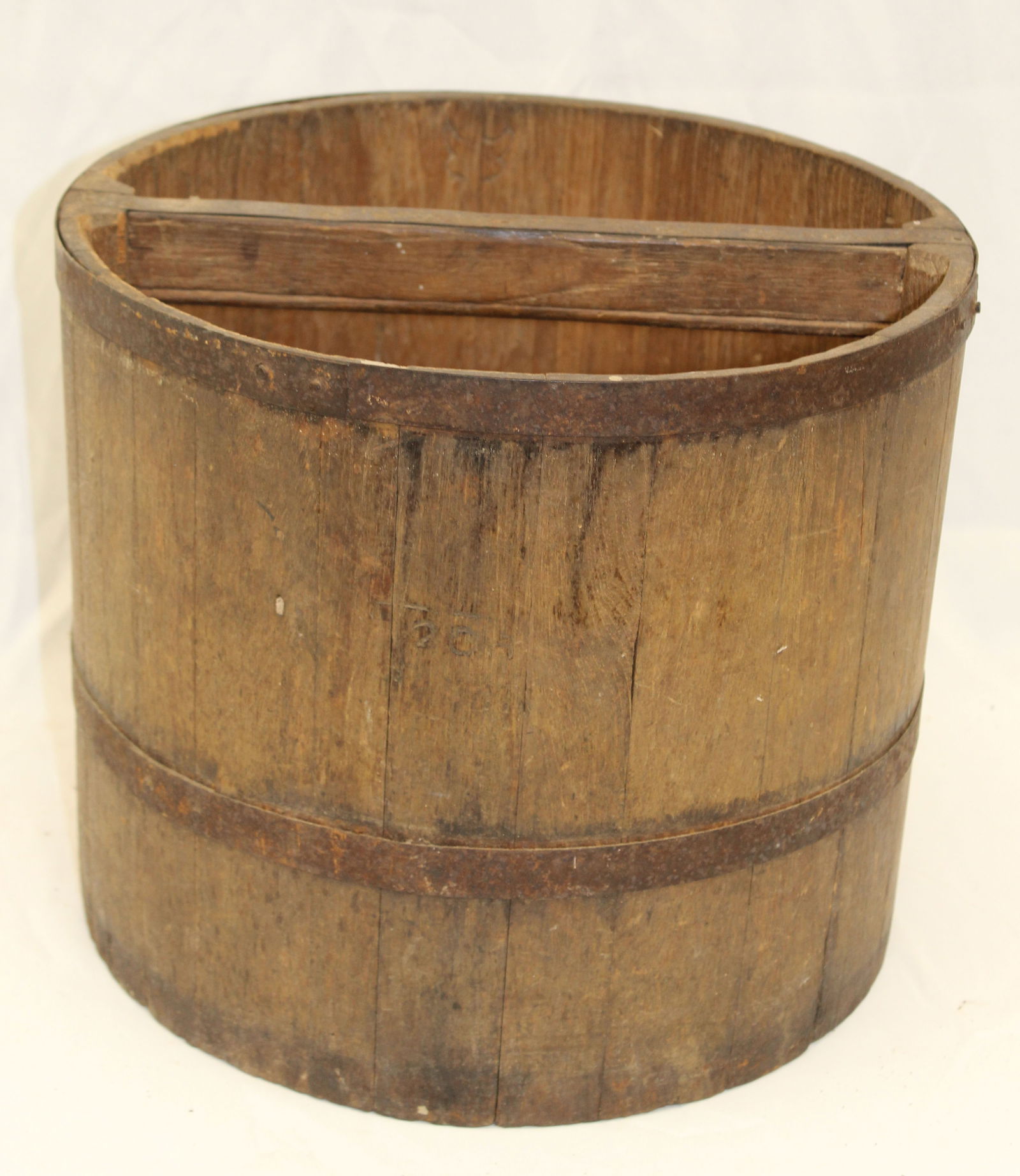Large antique bucket/measure w divided interior - 11" tall x 13" diam: Large antique bucket/measure w divided interior - 11" tall x 13" diam