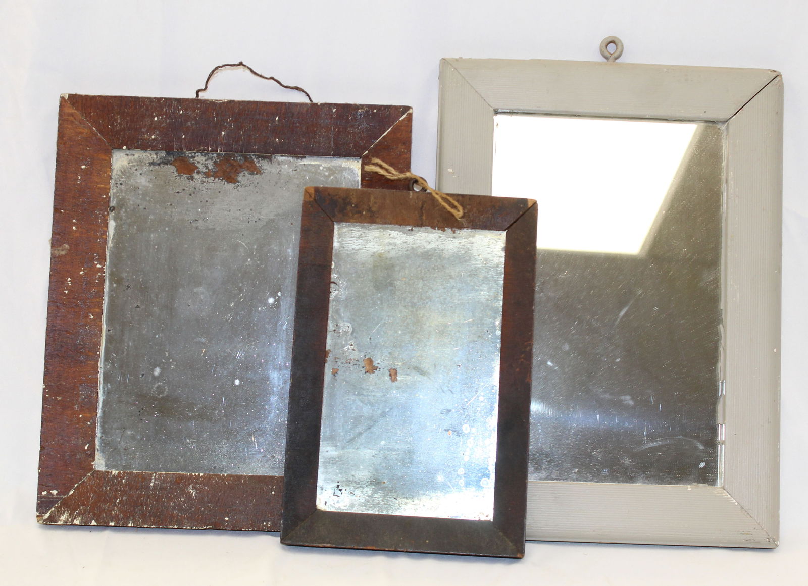 Lot of 3 small antique wooden framed mirrors - 1 in later white paint - 13"x9", 9"x6" & 11"x9 1/2: Lot of 3 small antique wooden framed mirrors - 1 in later white paint - 13"x9", 9"x6" & 11"x9 1/2