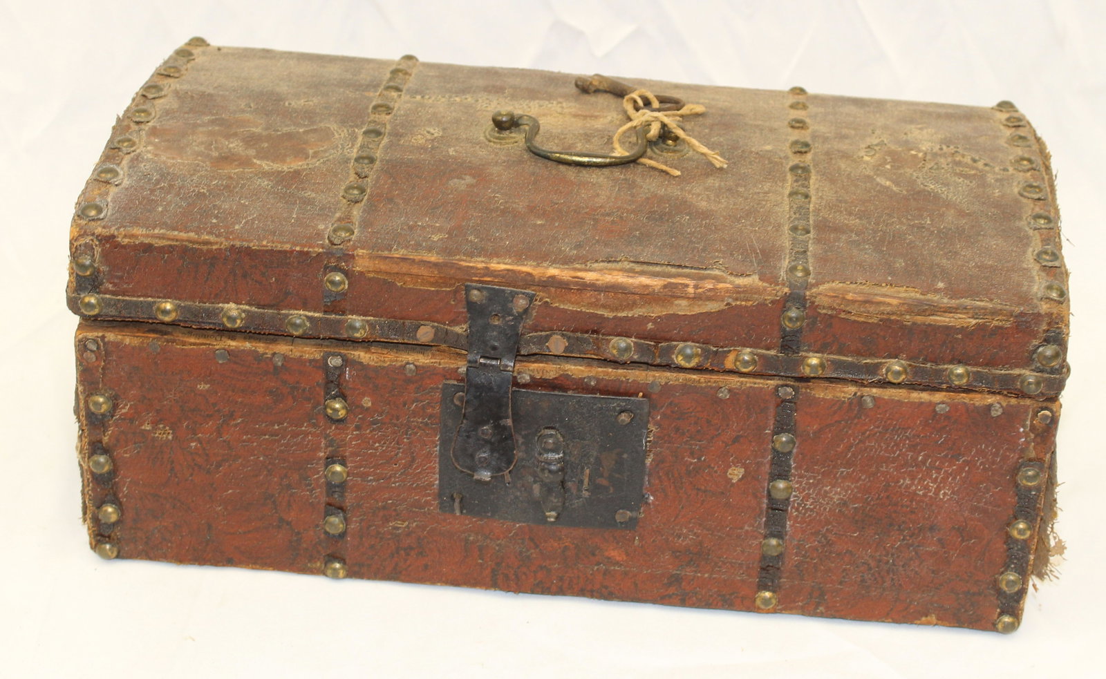 Antique dome top valuables box - leather covered w brass tacks - 6"x14"x7 1/2": Antique dome top valuables box - leather covered w brass tacks - 6"x14"x7 1/2"
