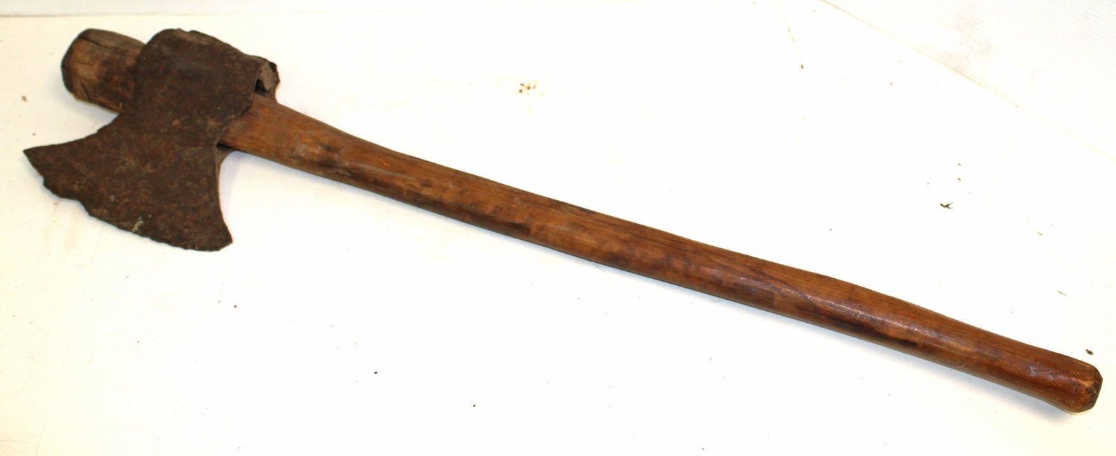 Early primitive axe w iron head & wooden handle: Early primitive axe w iron head & wooden handle