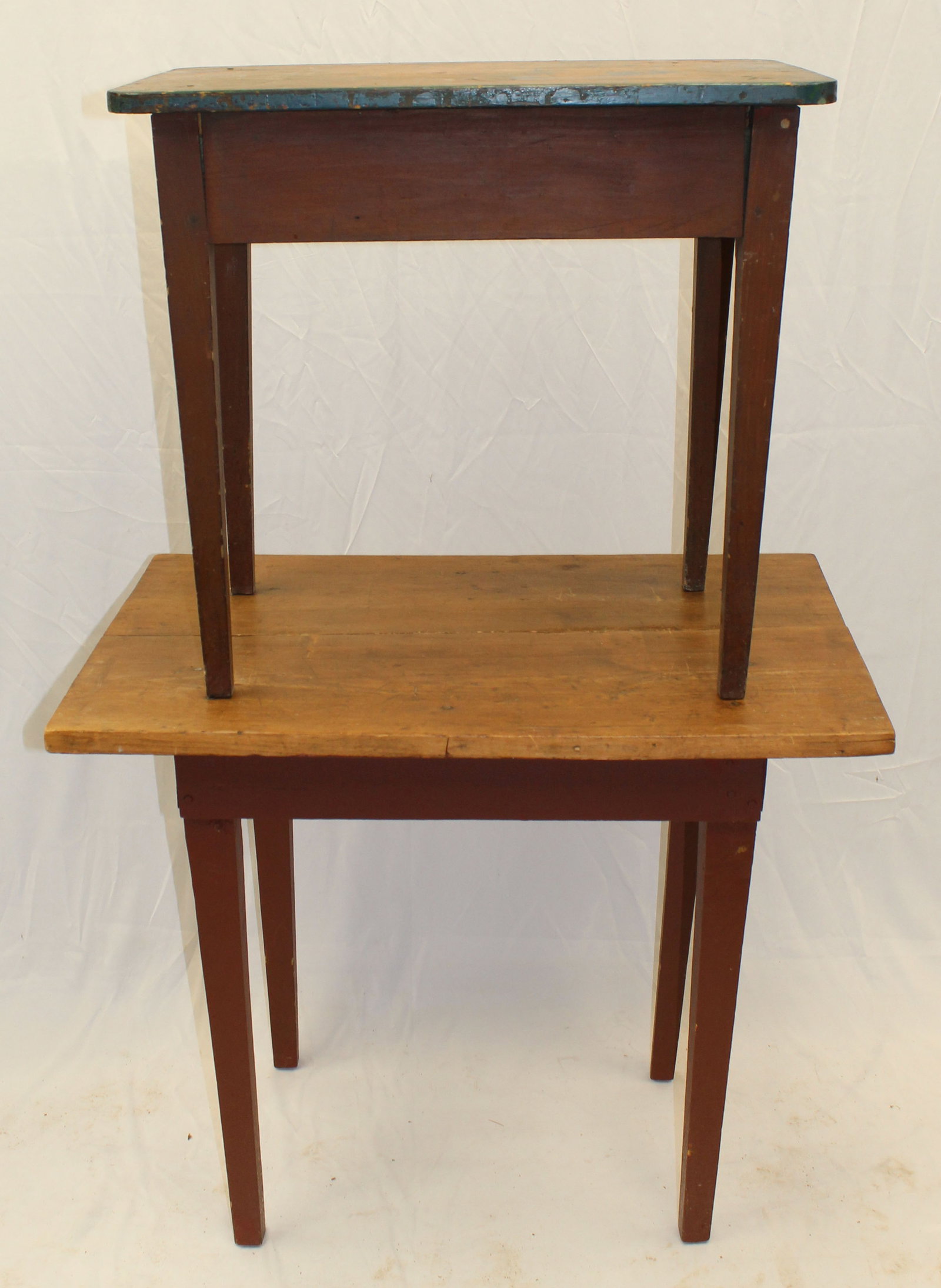 Lot of 2 antique style work tables - red is 28" tall x 34"x22 1/2" & brown w blue top is 24 1/2": Lot of 2 antique style work tables - red is 28" tall x 34"x22 1/2" & brown w blue top is 24 1/2" tall x 27"x18"
