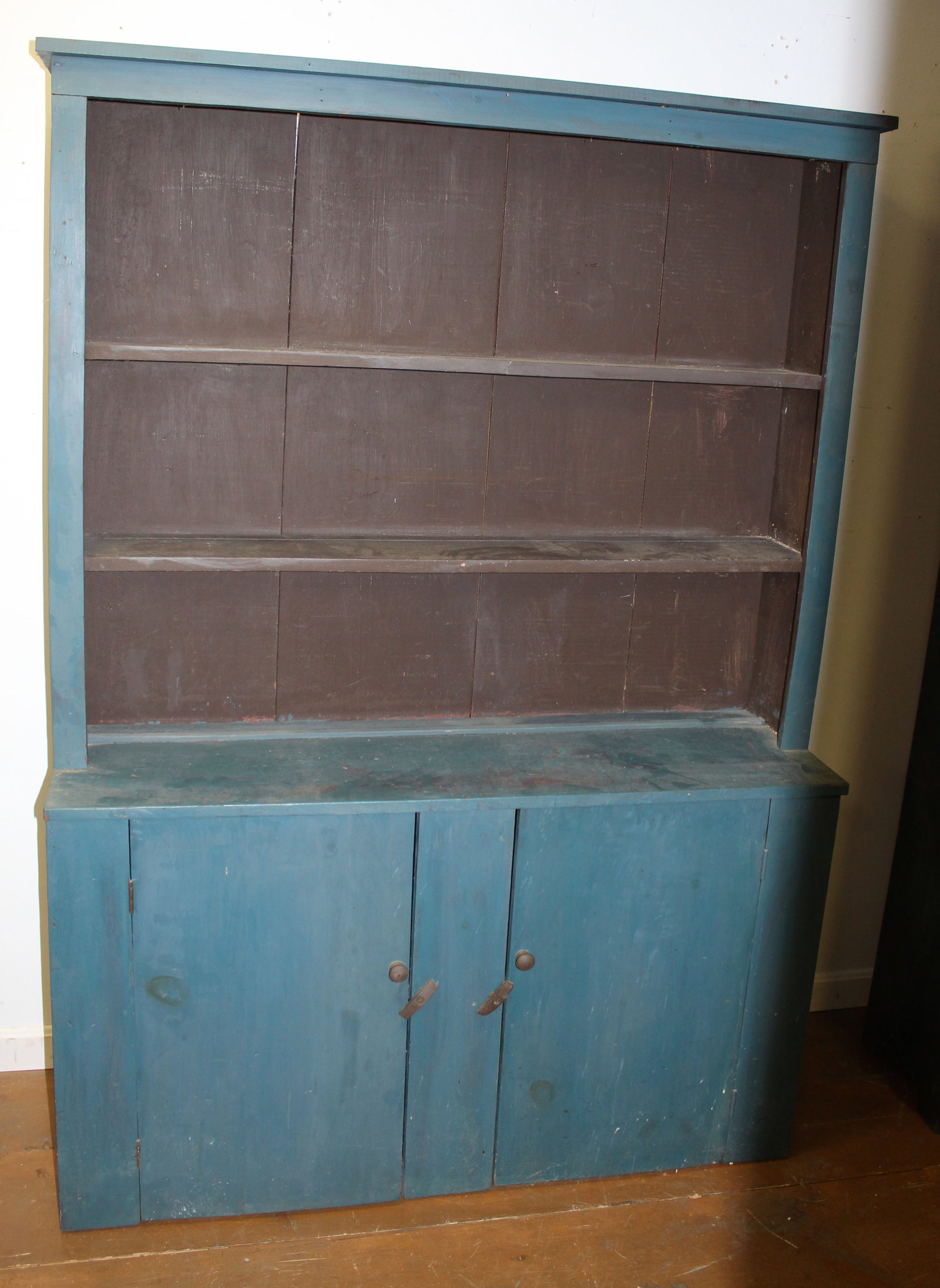 Contemporary antique style stepback cupboard in blue paint - benchmade by the late owner of the: Contemporary antique style stepback cupboard in blue paint - benchmade by the late owner of the Merrimac, NH estate - 70 3/4" tall x 51 1/2" wide x 15 1/4" deep
