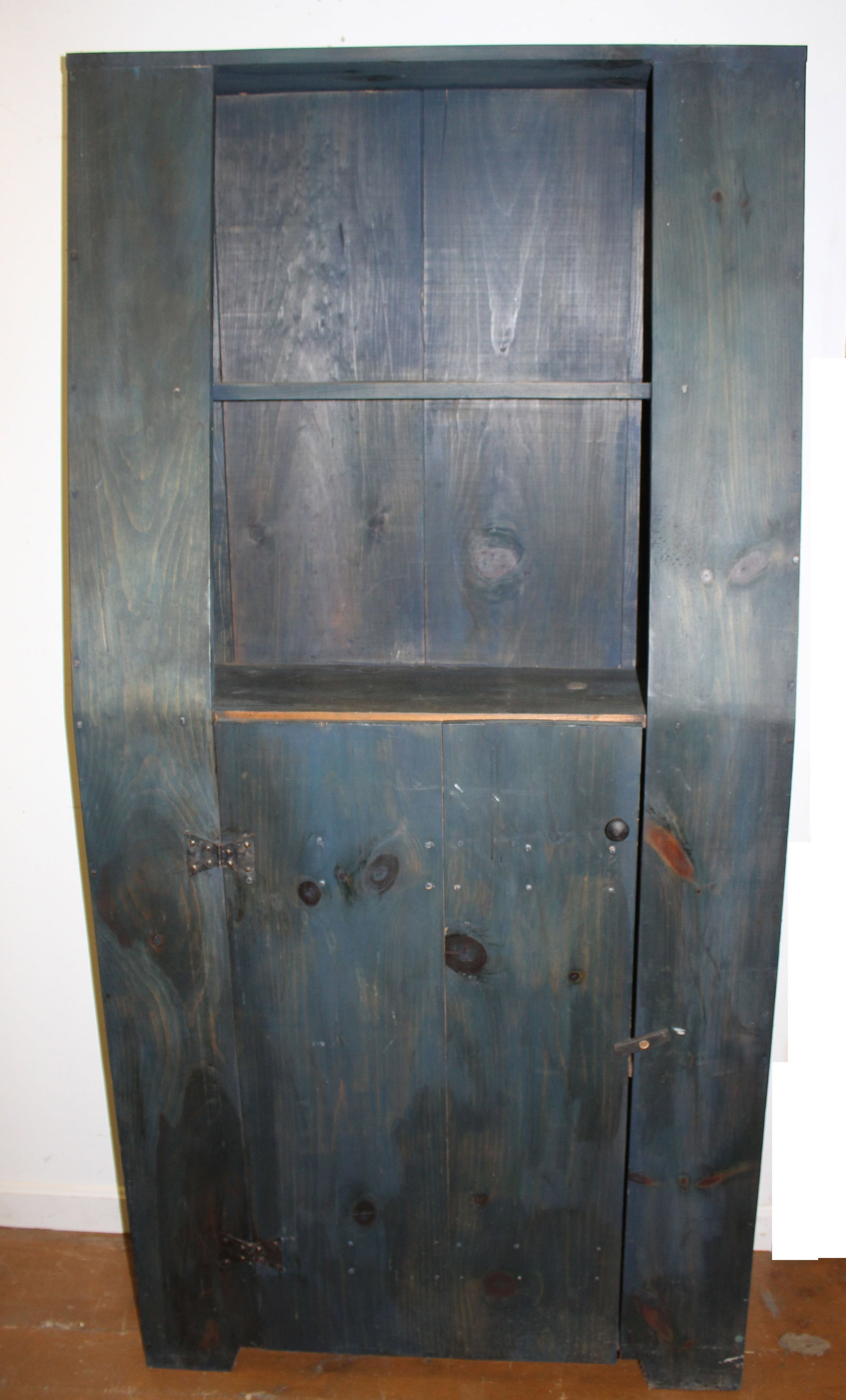 Contemporary antique style cupboard in blue paint w 1 bottom door and open top w canted front -: Contemporary antique style cupboard in blue paint w 1 bottom door and open top w canted front - benchmade by the late owner of the Merrimac, NH estate - 73" tall x 35 1/2" wide x 12" deep